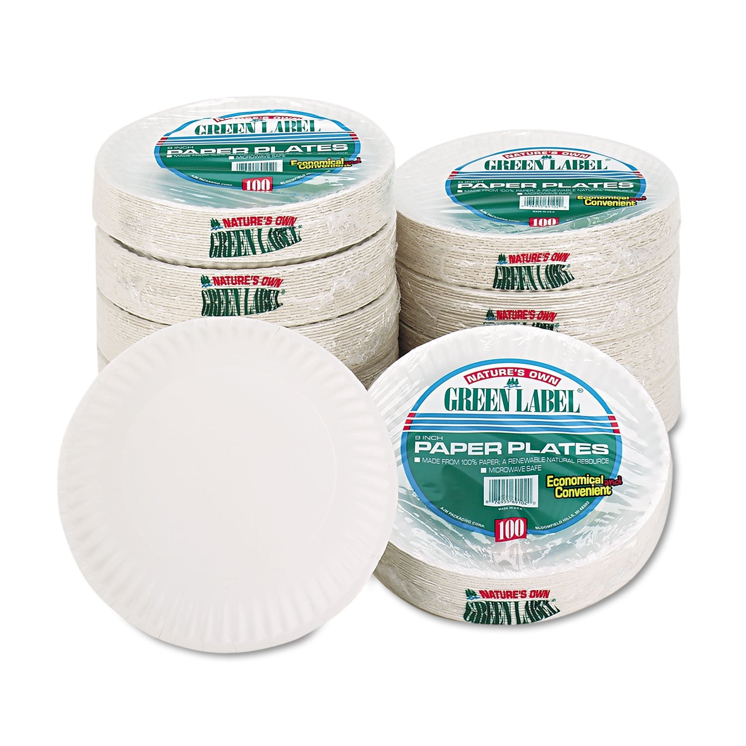 AJM Packaging Corporation White Paper Plates, 9" dia, 100/Pack