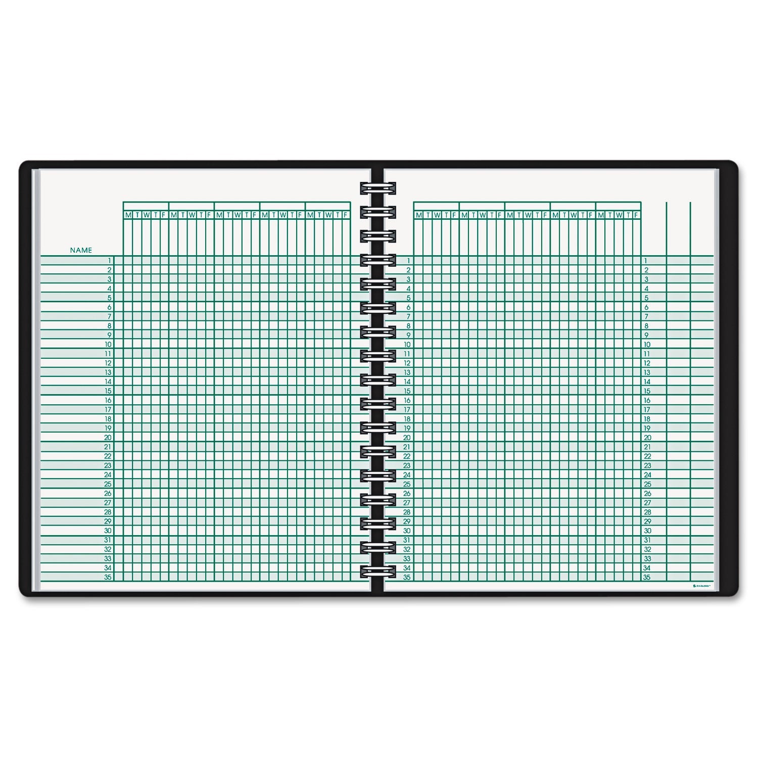 AT-A-GLANCE Undated Class Record Book, Nine to 10 Week Term: Two-Page Spread (35 Students), 10.88 x 8.25, Black Cover