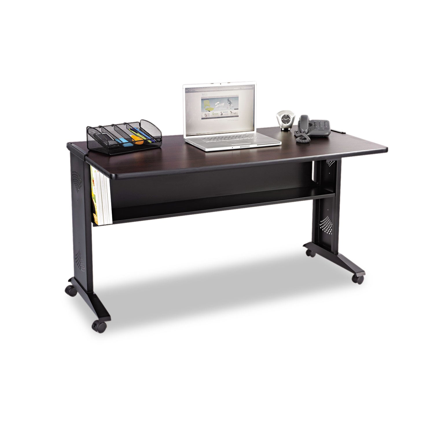 Safco Mobile Computer Desk with Reversible Top, 53.5" x 28" x 30", Mahogany/Medium Oak/Black