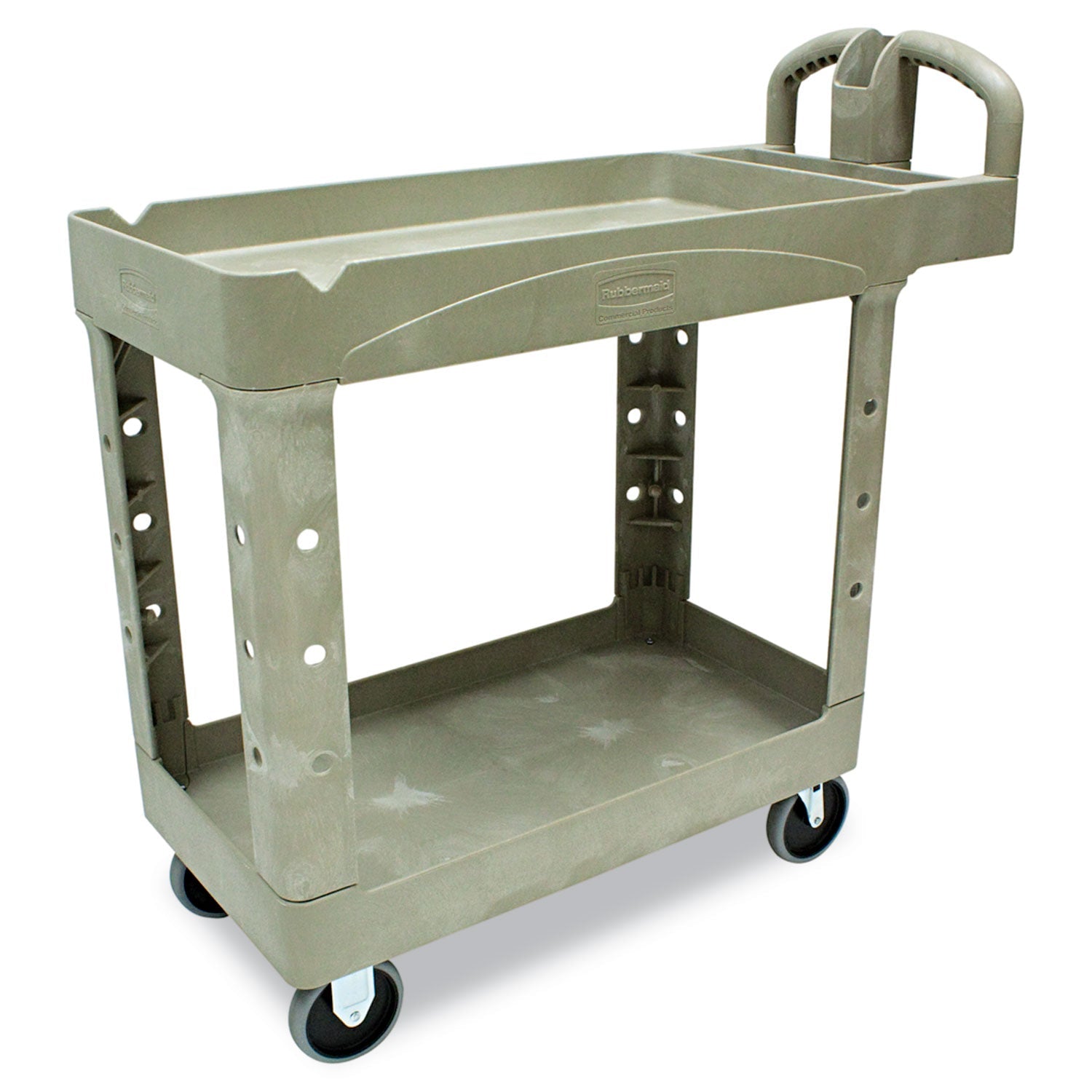 Rubbermaid Heavy-Duty Utility Cart with Lipped Shelves, Plastic, 2 Shelves, 500 lb Capacity, 17.13" x 38.5" x 38.88", Beige