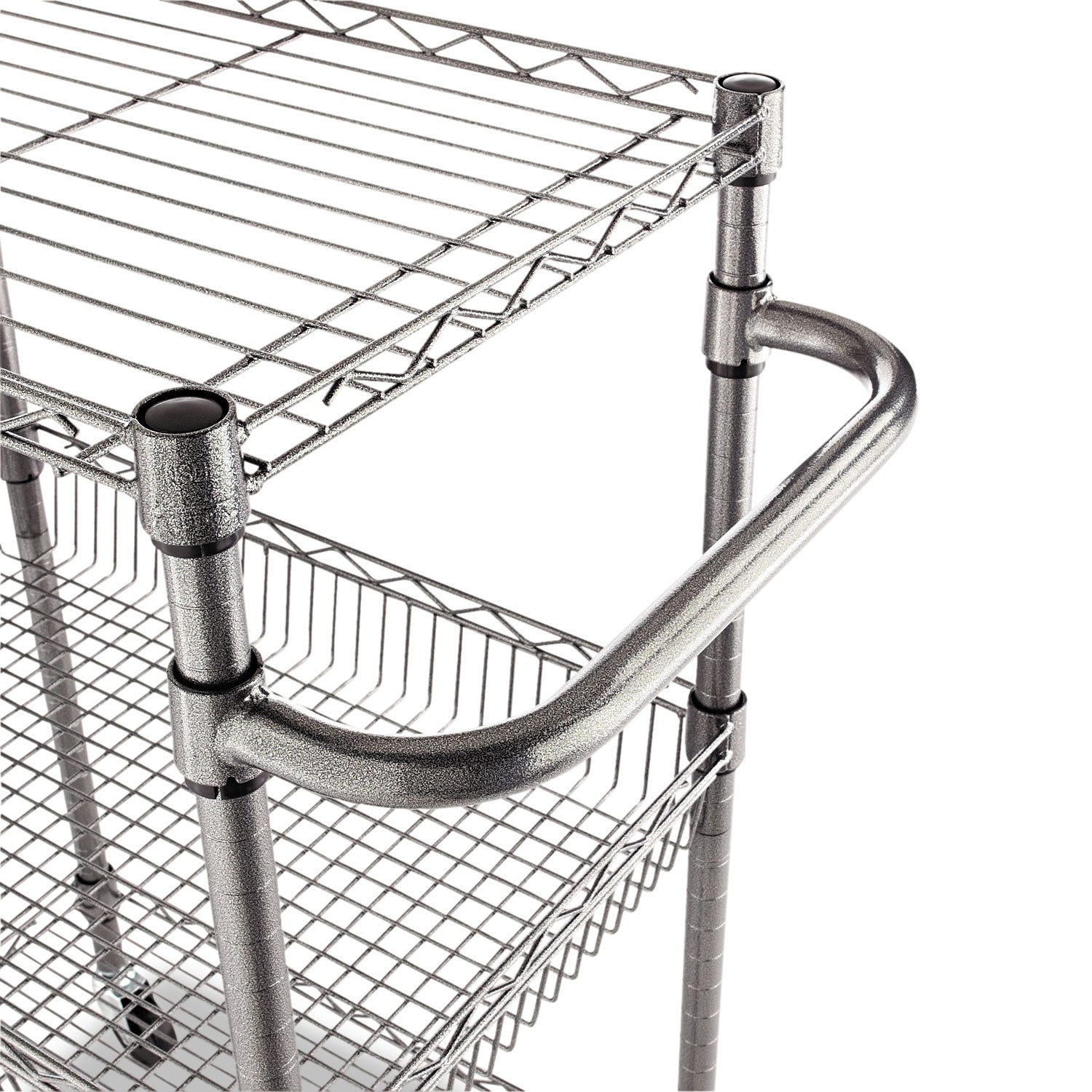 Alera Three-Tier Wire Cart with Basket, Metal, 2 Shelves, 1 Bin, 500 lb Capacity, 28" x 16" x 39", Black Anthracite