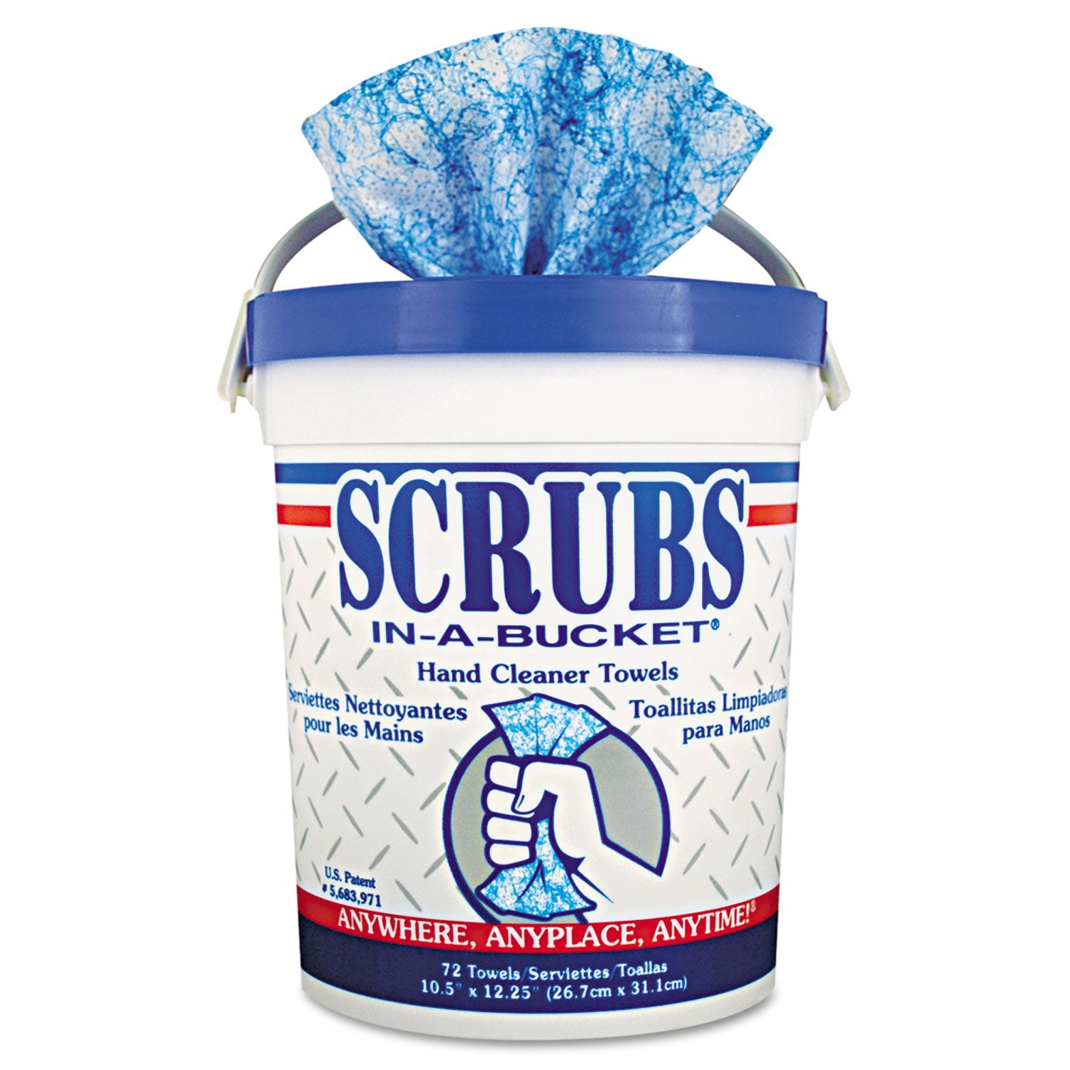 SCRUBS Hand Cleaner Towels, 10 x 12, Citrus, Blue/White, 72/Bucket, 6 Buckets/Carton