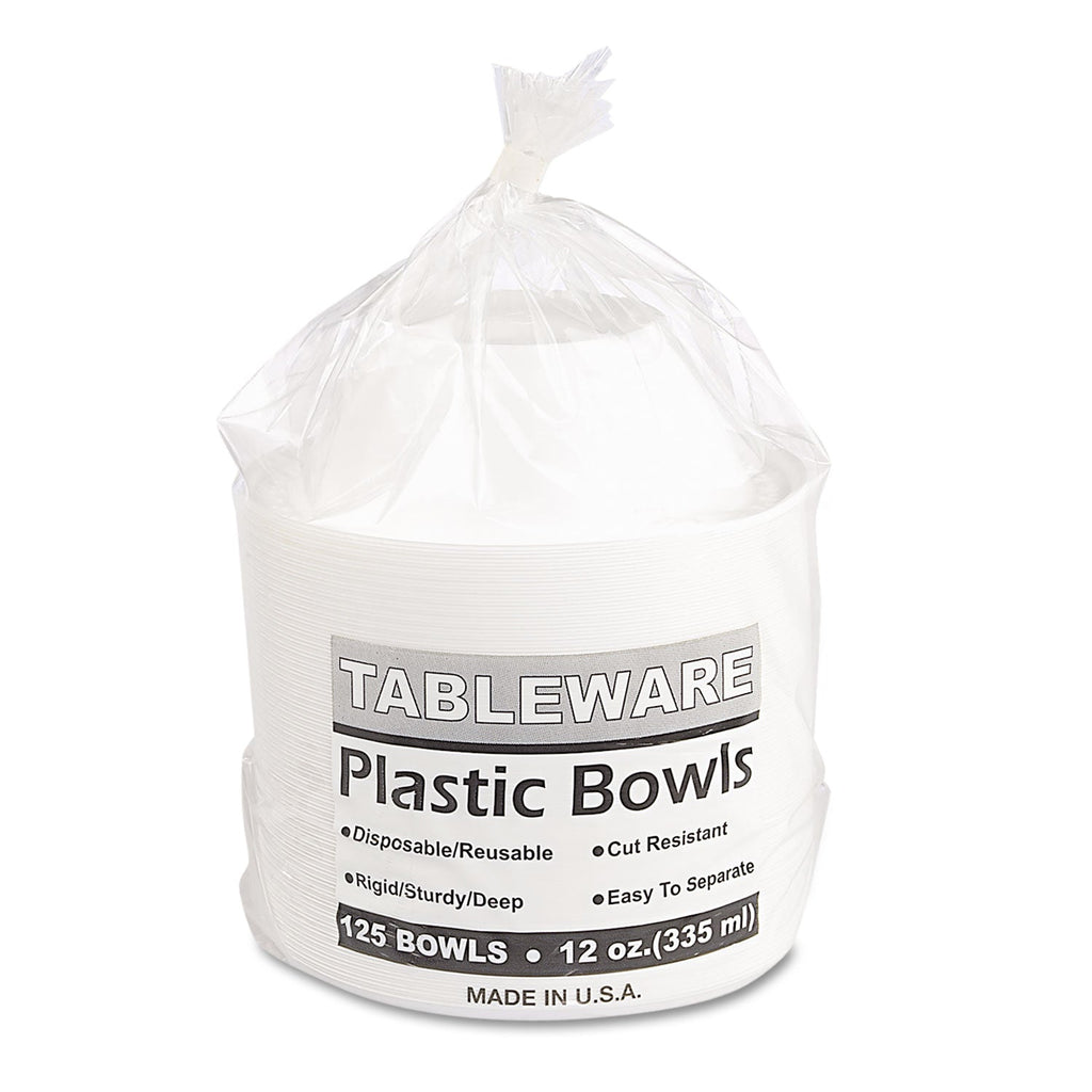 Tablemate Plastic Dinnerware, Bowls, 12 oz, White, 125/Pack