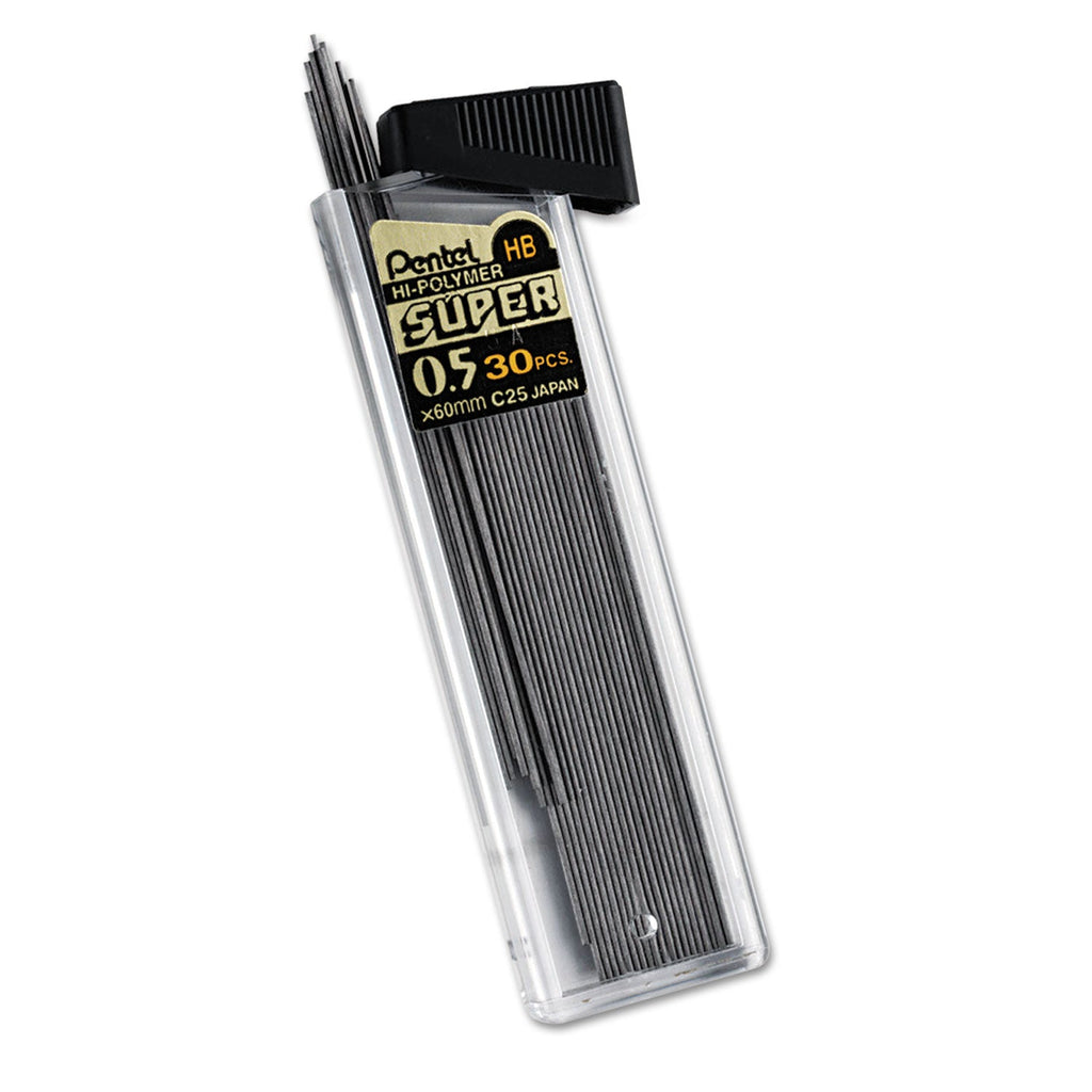 Pentel Super Hi-Polymer Lead Refills, 0.5 mm, HB, Black, 30/Tube