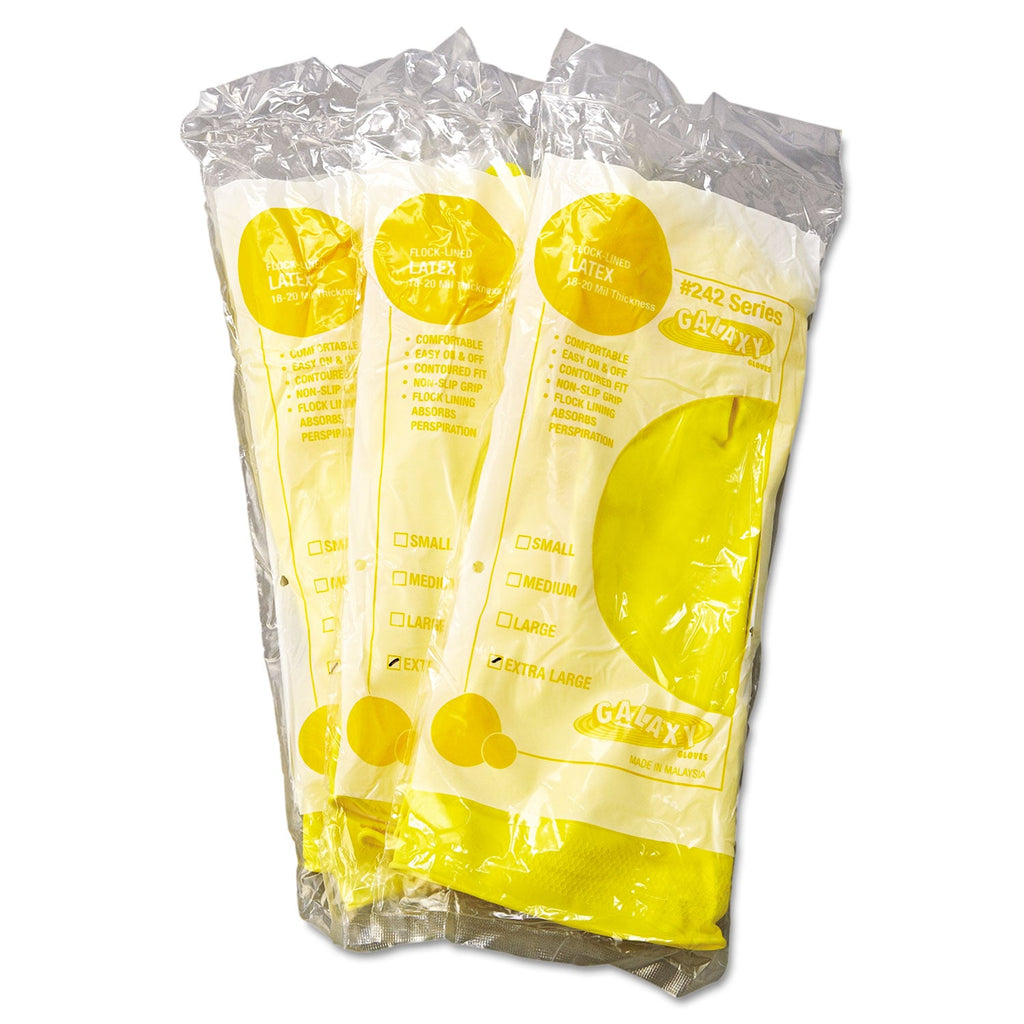 Boardwalk Flock-Lined Latex Cleaning Gloves, X-Large, Yellow, 12 Pairs