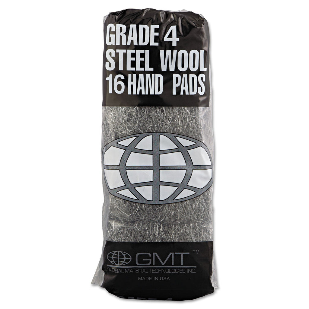 GMT Industrial-Quality Steel Wool Hand Pads, #4 Extra Coarse, Steel Gray, 16 Pads/Sleeve, 12 Sleeves/Carton