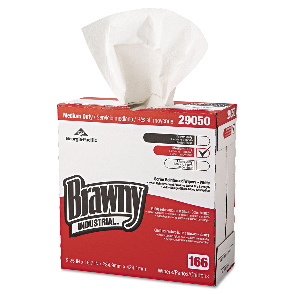 Brawny Medium Duty Scrim Reinforced Wipers, 4-Ply, 9.25 x 16.69, White, 166/Box, 5 Boxes/Carton