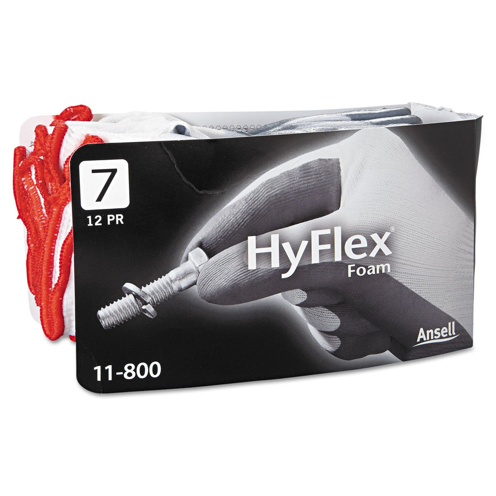 AnsellPro HyFlex Foam Gloves, White/Gray, Size 7, 12 Pairs