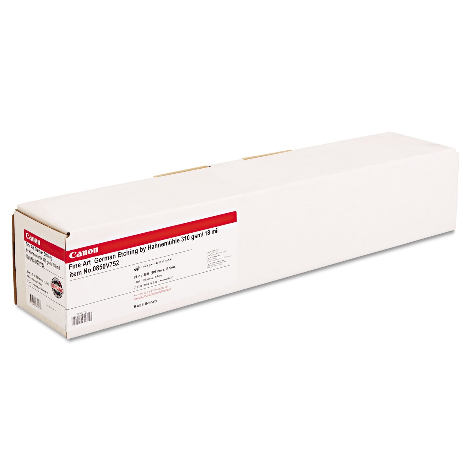 Canon German Etching by Hahnemuhle Paper, 3" Core, 18 mil, 24" x 39 ft, Textured White