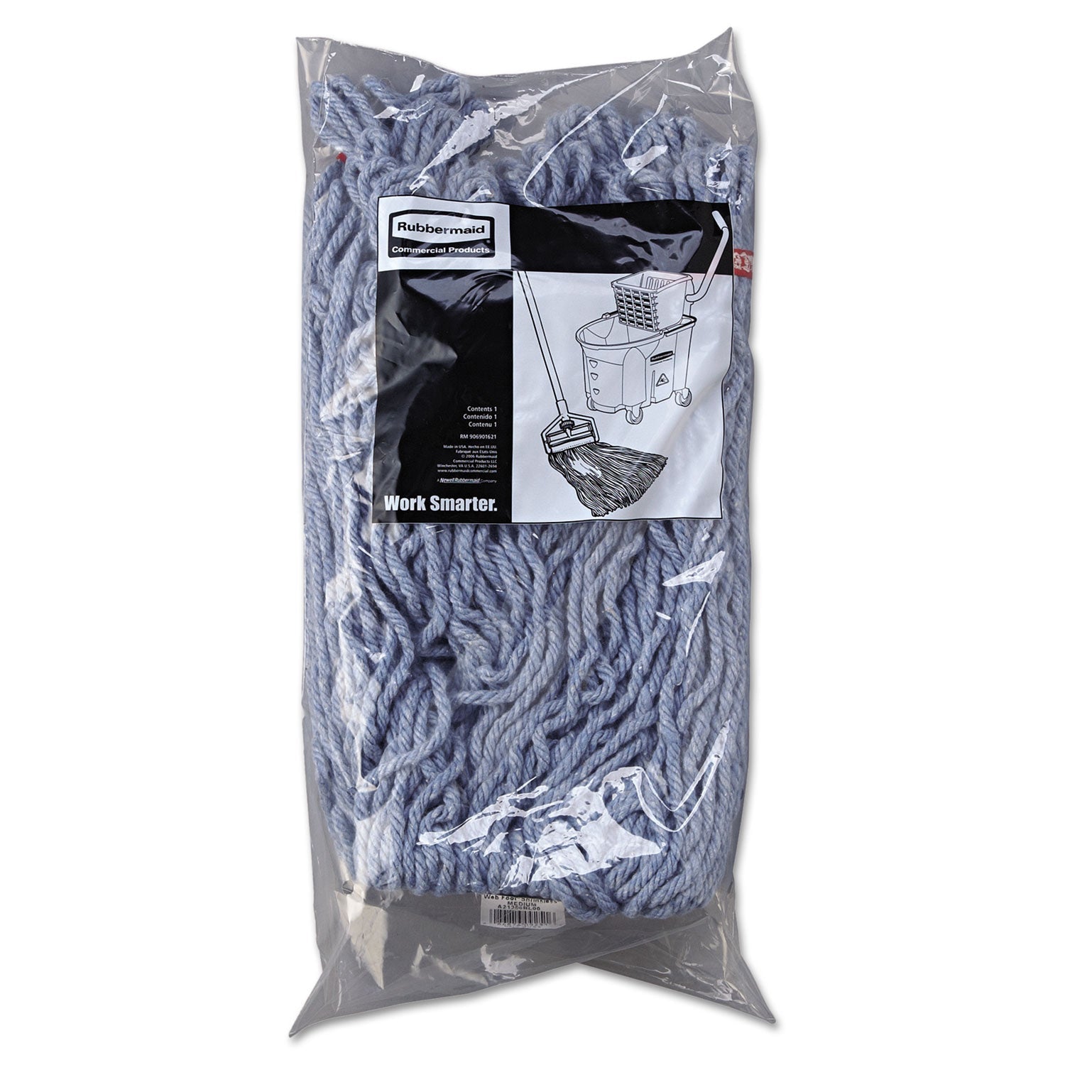 Rubbermaid Web Foot Wet Mop Head, Shrinkless, Cotton/Synthetic, Blue, Medium, 6/Carton