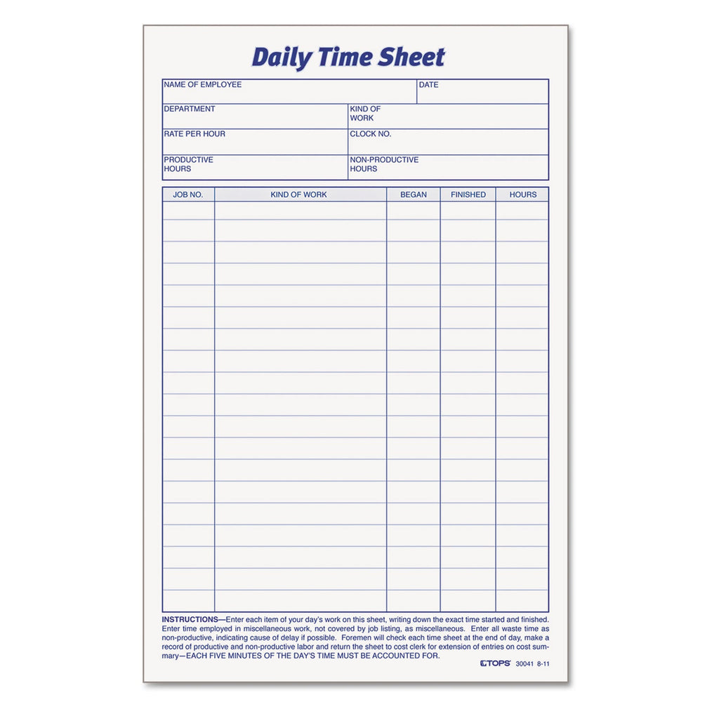 TOPS Daily Time and Job Sheets, 8.5 x 5.5, 1/Page, 200 Forms/Pad, 2 Pads/Pack