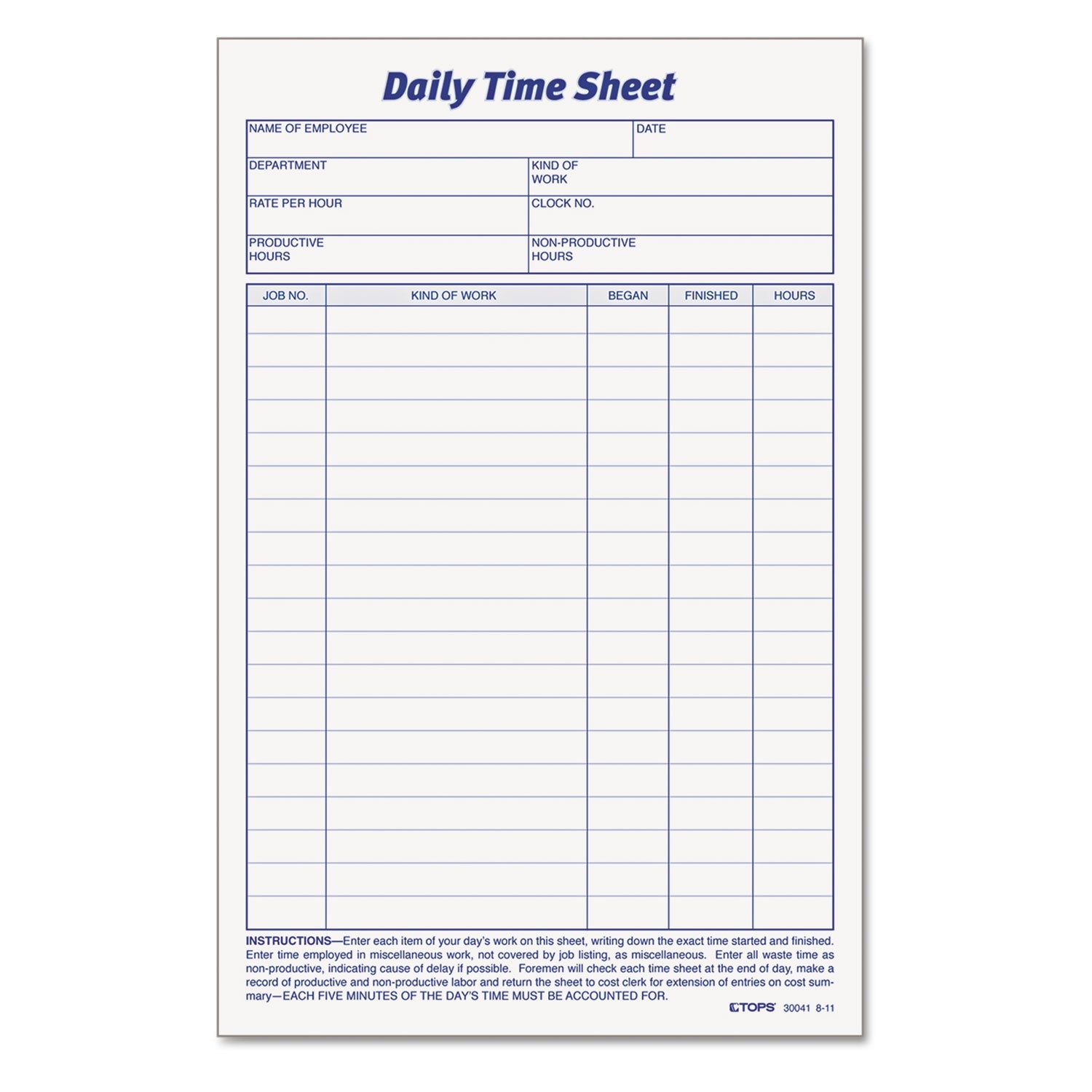 TOPS Daily Time and Job Sheets, 8.5 x 5.5, 1/Page, 200 Forms/Pad, 2 Pads/Pack