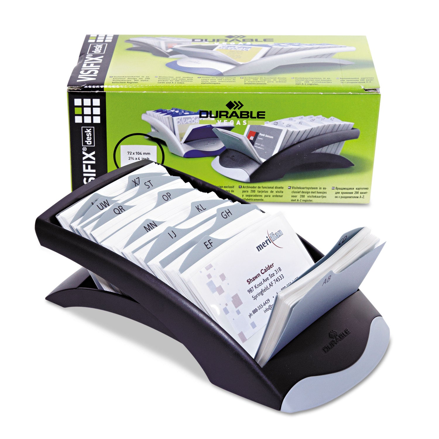 Durable VISIFIX Desk Business Card File, Holds 200 2.88 x 4.13 Cards, 5 x 9.31 x 3.56, Plastic, Graphite/Black