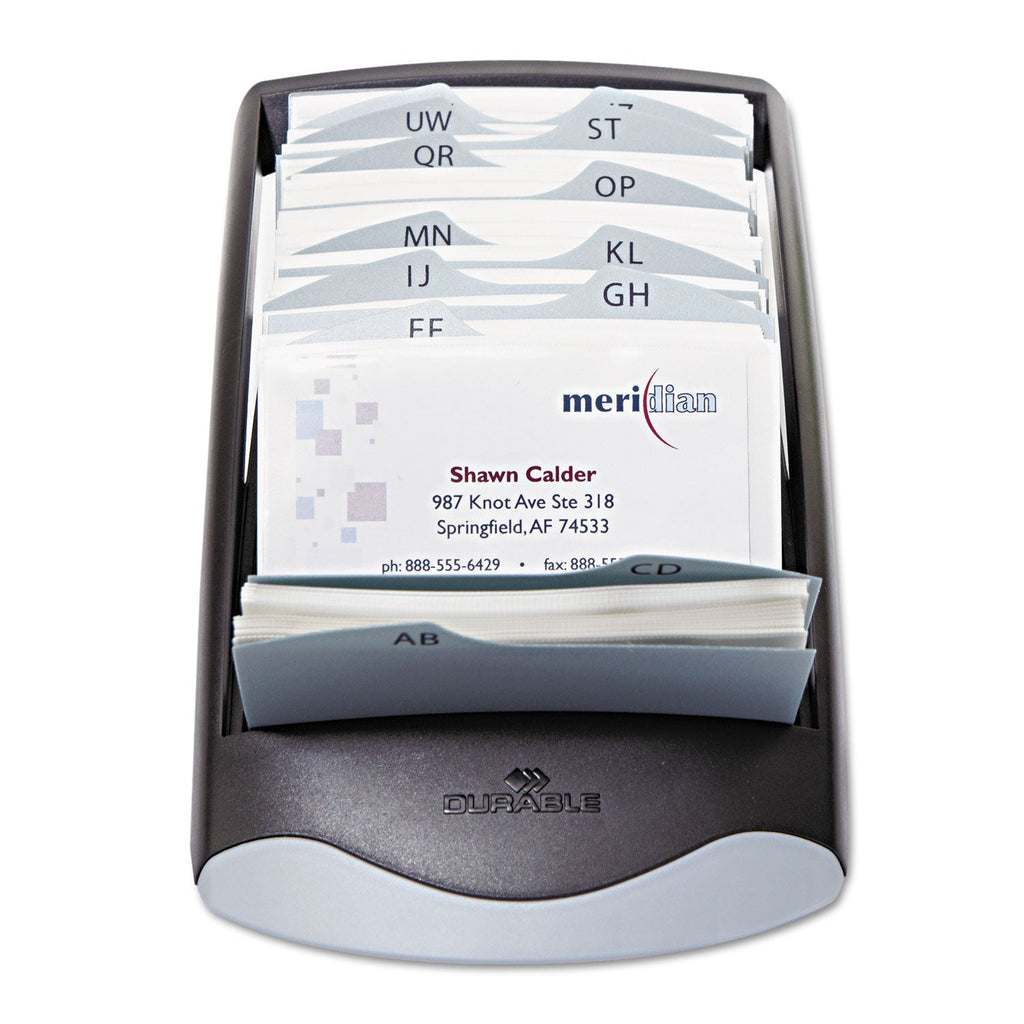 Durable VISIFIX Desk Business Card File, Holds 200 2.88 x 4.13 Cards, 5 x 9.31 x 3.56, Plastic, Graphite/Black