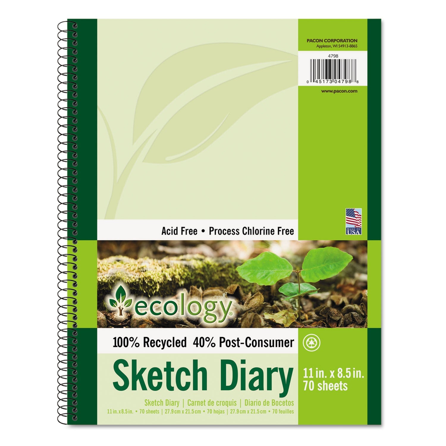 Pacon Ecology Sketch Diary, Green Cover, 11 x 8.5, 60 lb Text Paper Stock, 70 Sheets