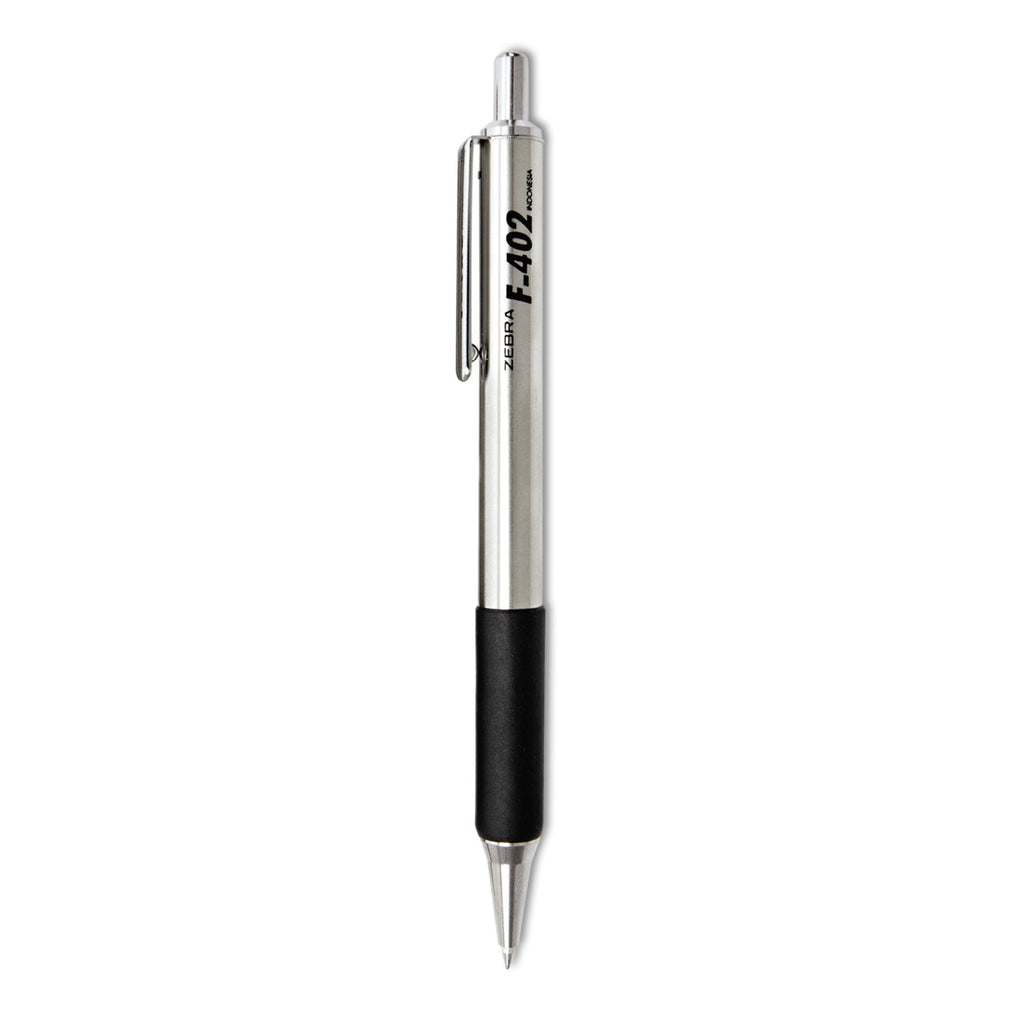 Zebra F-402 Ballpoint Pen, Retractable, Fine 0.7 mm, Black Ink, Stainless Steel/Black Barrel, 2/Pack