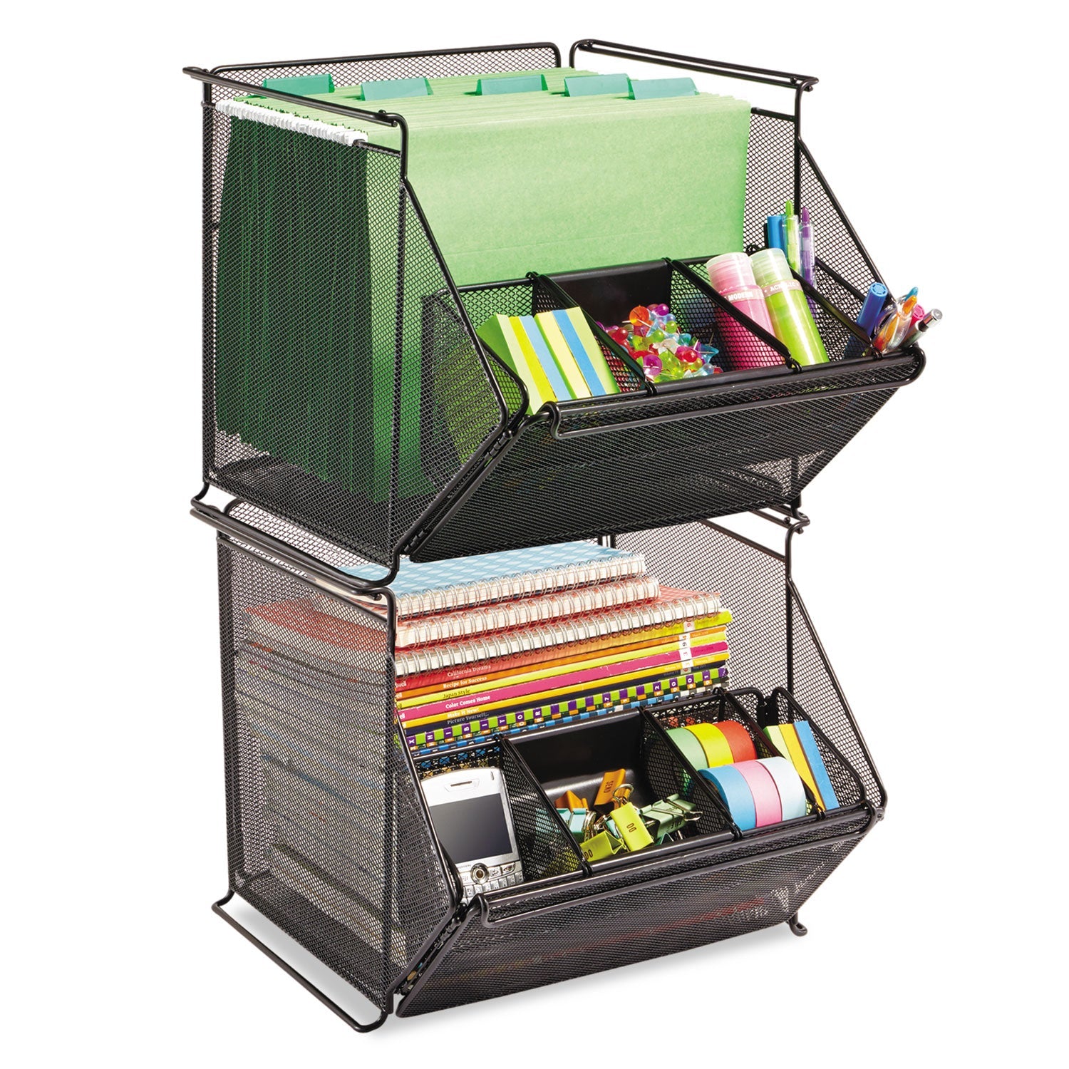 Safco Onyx Stackable Mesh Storage Bin, 4 Compartments, Steel Mesh, 14 x 15.5 x 11.75, Black