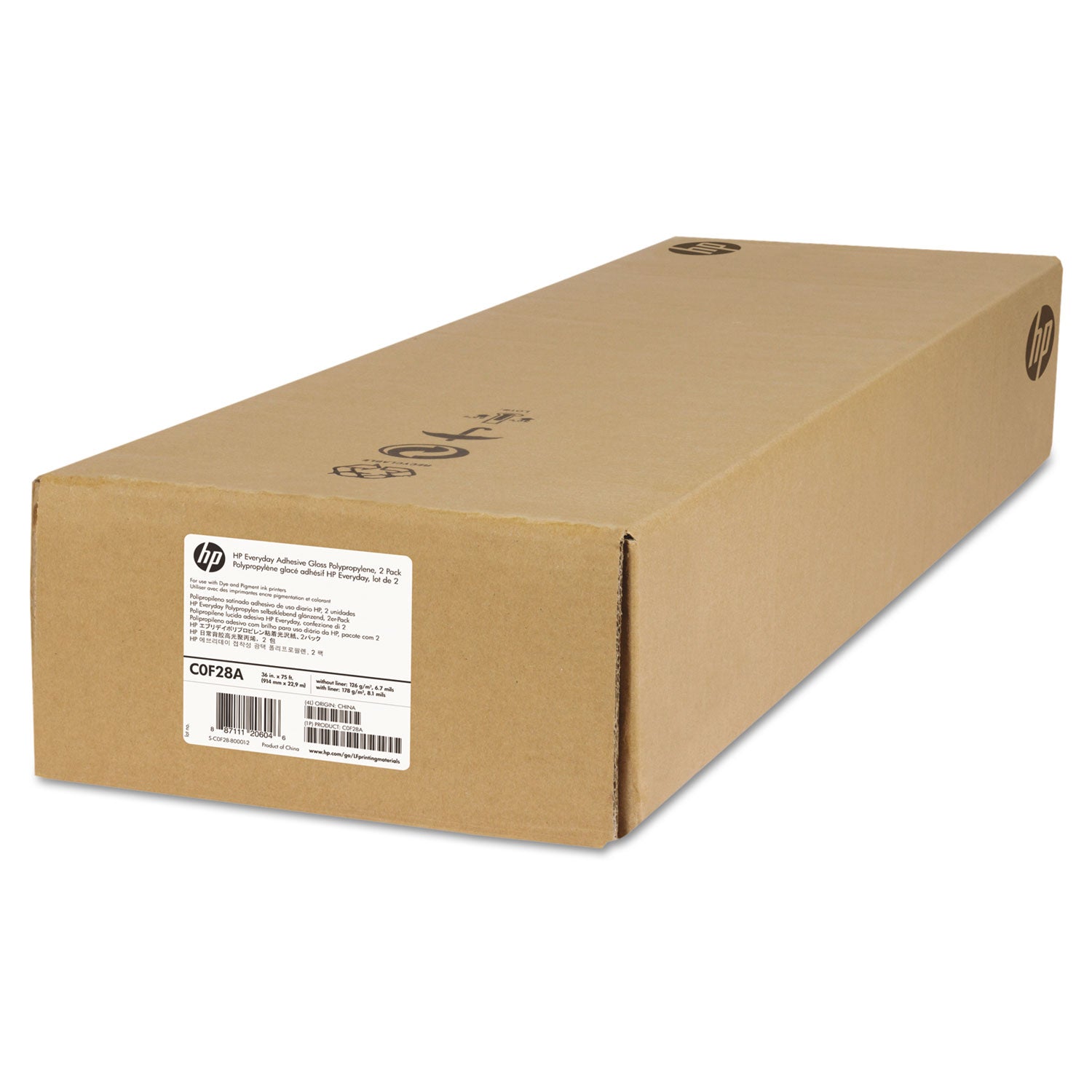 HP Everyday Adhesive Gloss Polypropylene, 2" Core, 36" x 75 ft, Glossy White, 2/Pack