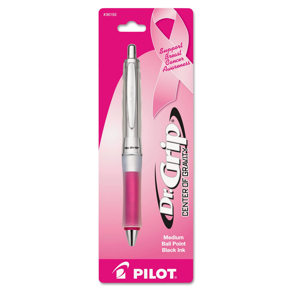 Pilot Dr. Grip Center of Gravity Breast Cancer Awareness Ballpoint Pen, Retractable, Medium 1mm, Black Ink, Silver/Pink Barrel