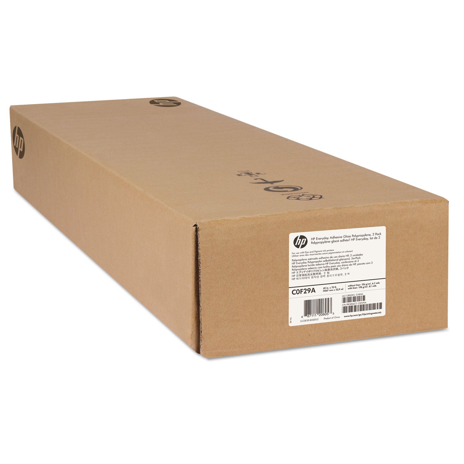 HP Everyday Adhesive Gloss Polypropylene, 2" Core, 42" x 75 ft, Glossy White, 2/Pack