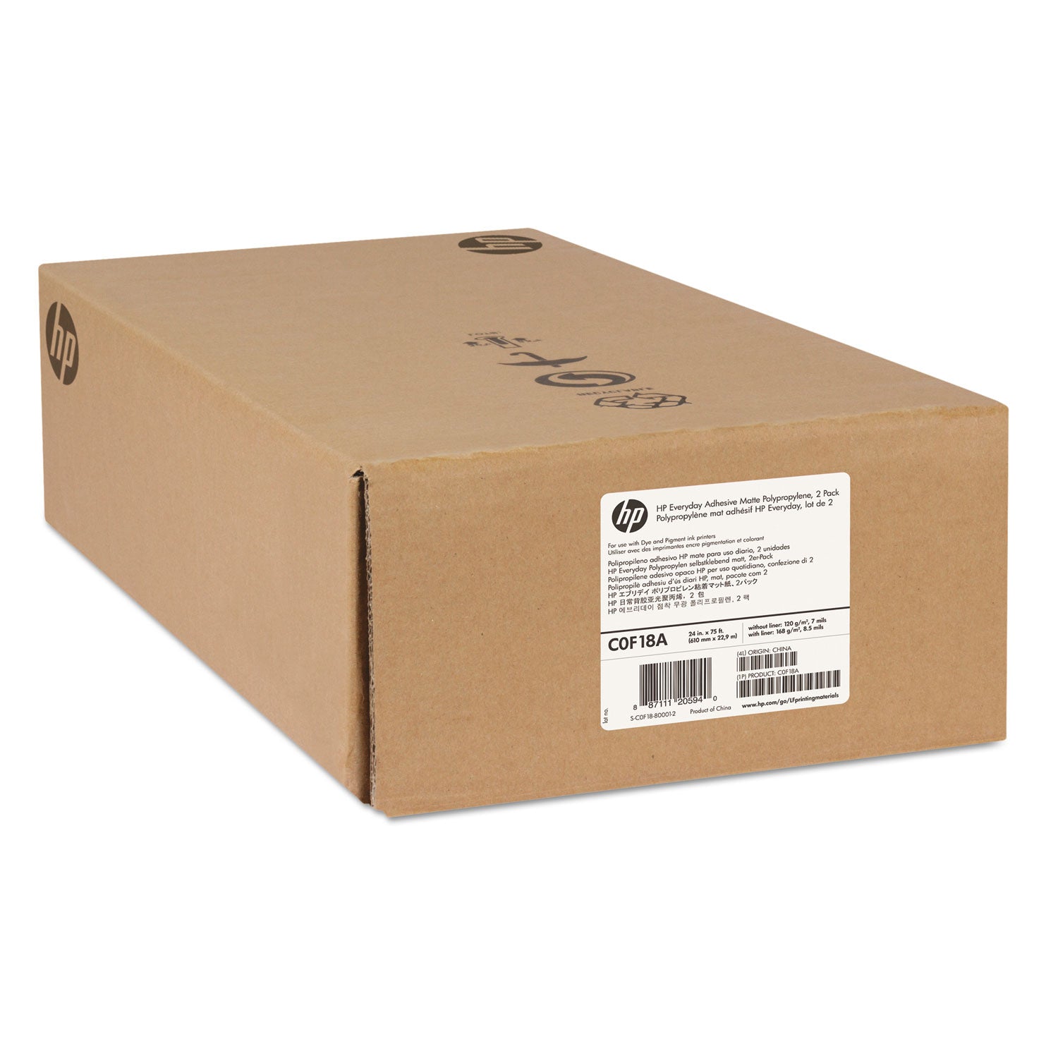 HP Everyday Adhesive Matte Polypropylene, 2" Core, 24" x 75 ft, Matte White, 2/Pack