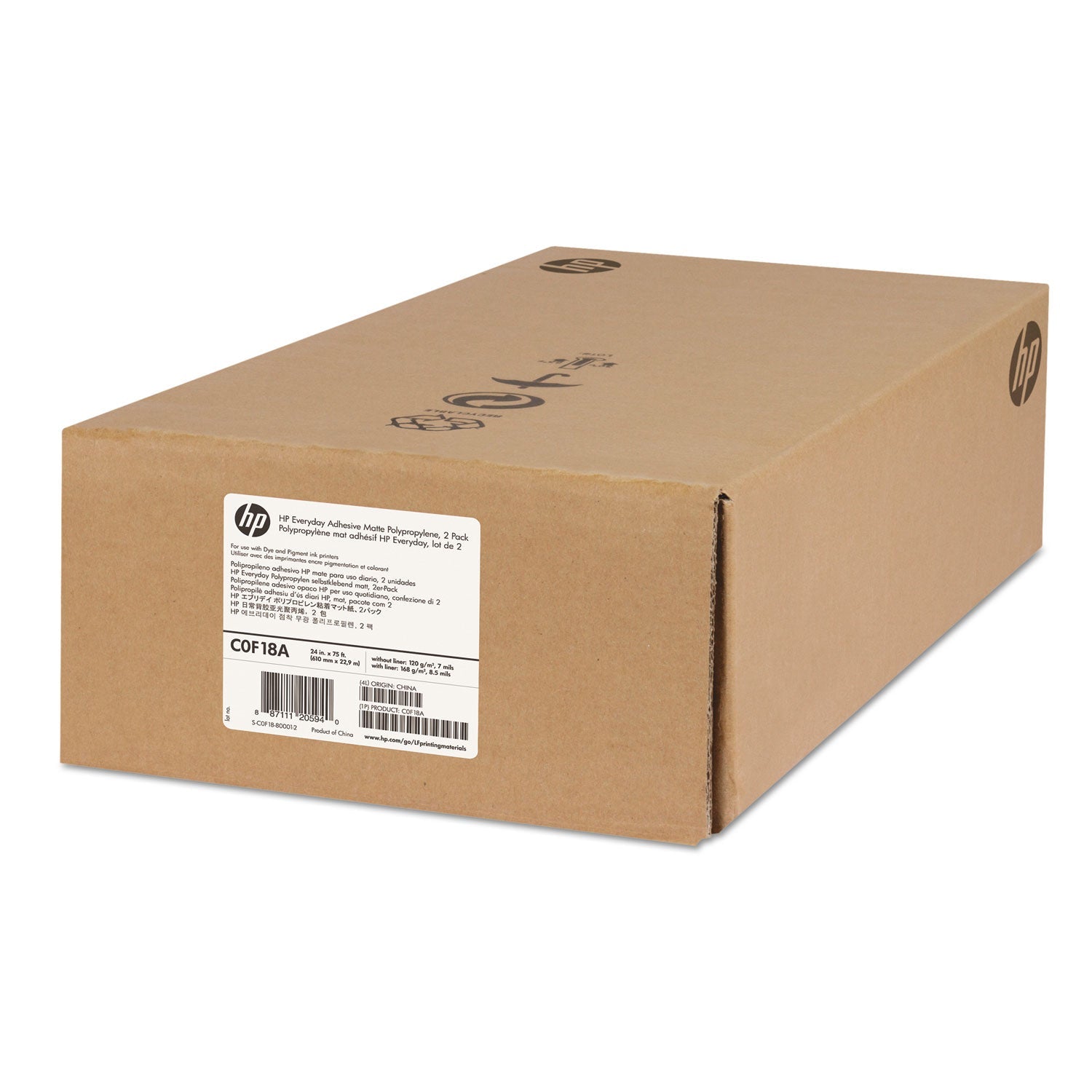 HP Everyday Adhesive Matte Polypropylene, 2" Core, 24" x 75 ft, Matte White, 2/Pack