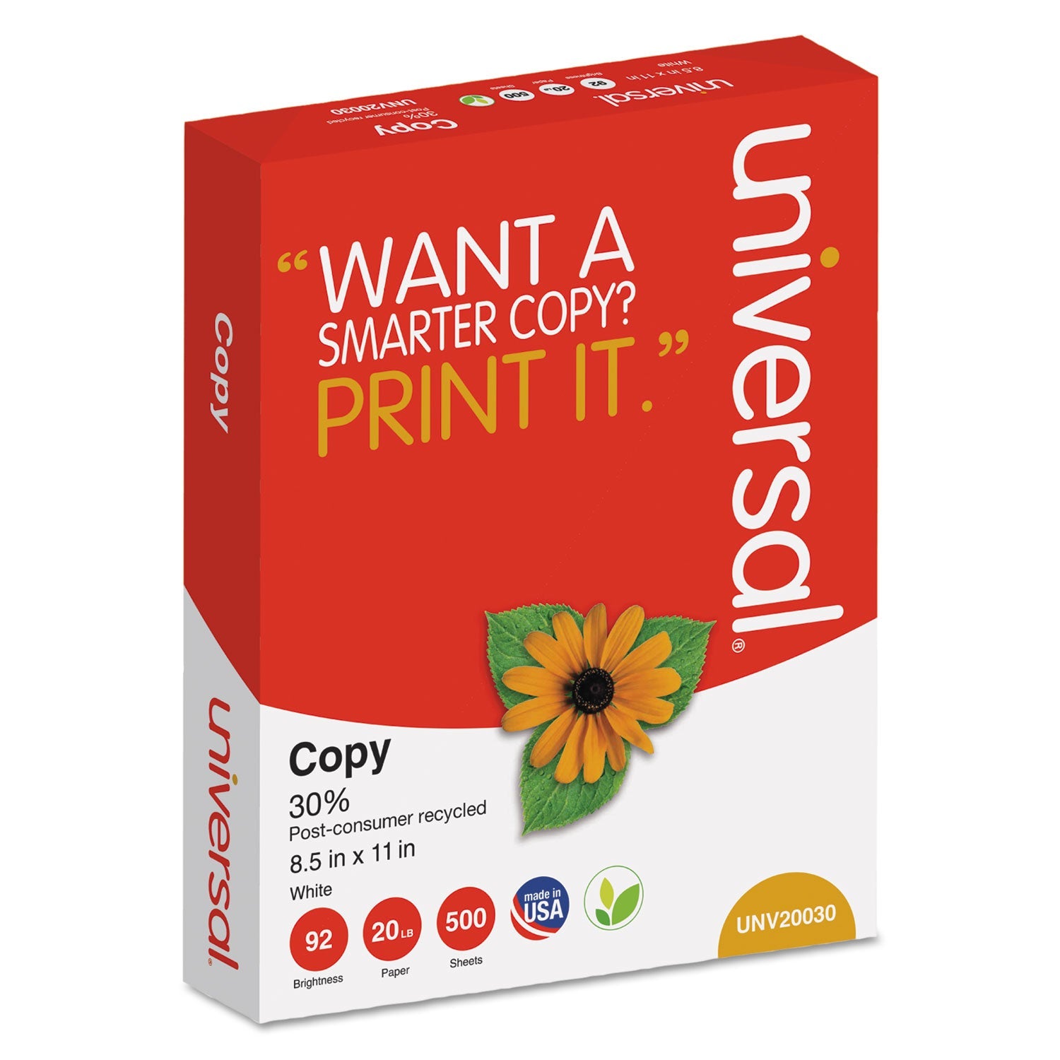 Universal 30% Recycled Copy Paper, 92 Bright, 20 lb Bond Weight, 8.5 x 11, White, 500 Sheets/Ream, 10 Reams/Carton