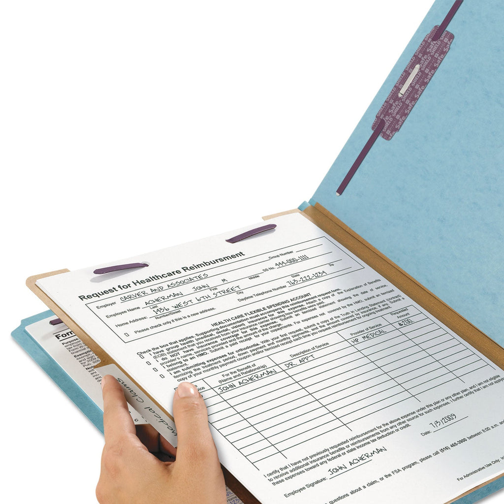 Smead Four-Section Pressboard Top Tab Classification Folders with SafeSHIELD Fasteners, 1 Divider, Letter Size, Blue, 10/Box