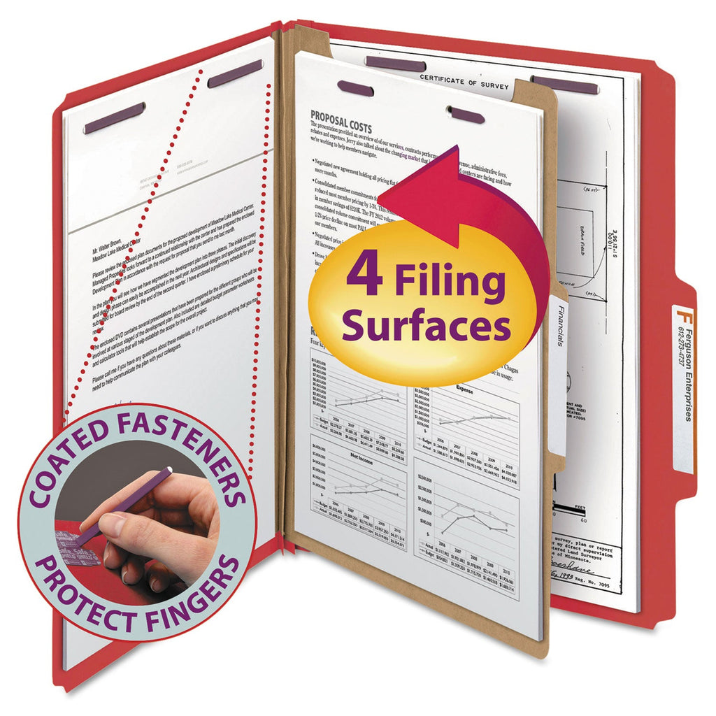 Smead Four-Section Pressboard Top Tab Classification Folders with SafeSHIELD Fasteners, 1 Divider, Letter Size, Bright Red, 10/Box