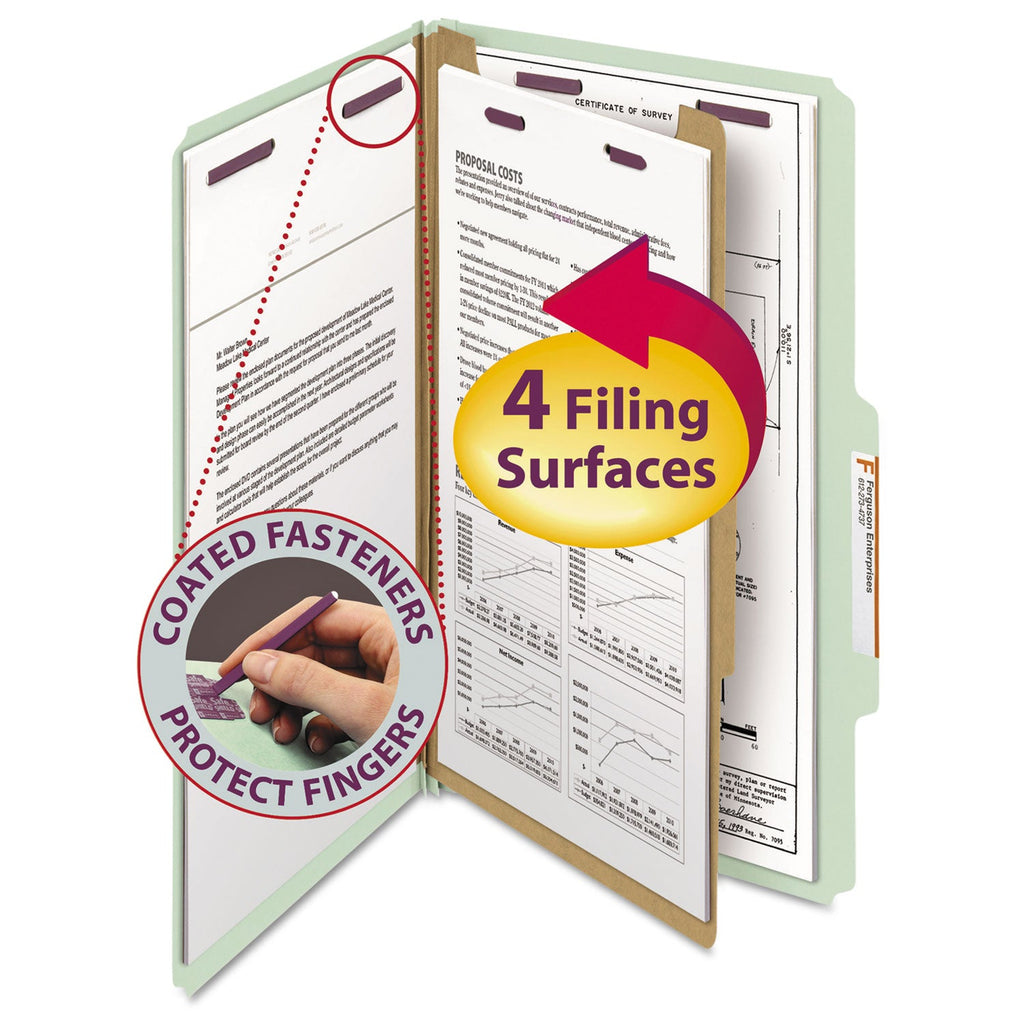 Smead Pressboard Classification Folders with SafeSHIELD Coated Fasteners, 2/5 Cut, 1 Divider, Legal Size, Gray-Green, 10/Box