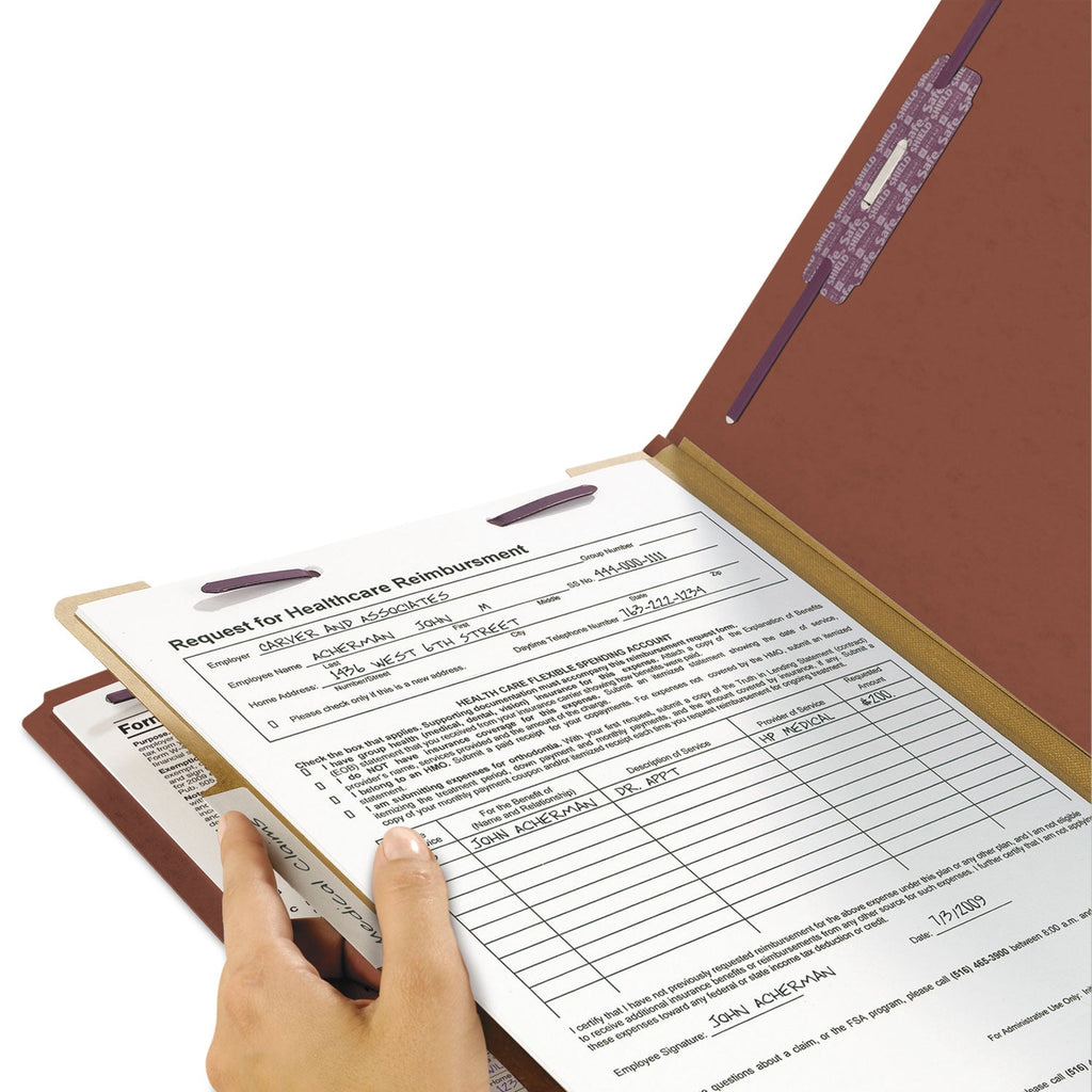 Smead Pressboard Classification Folders with SafeSHIELD Coated Fasteners, 2/5 Cut, 1 Divider, Letter Size, Red, 10/Box