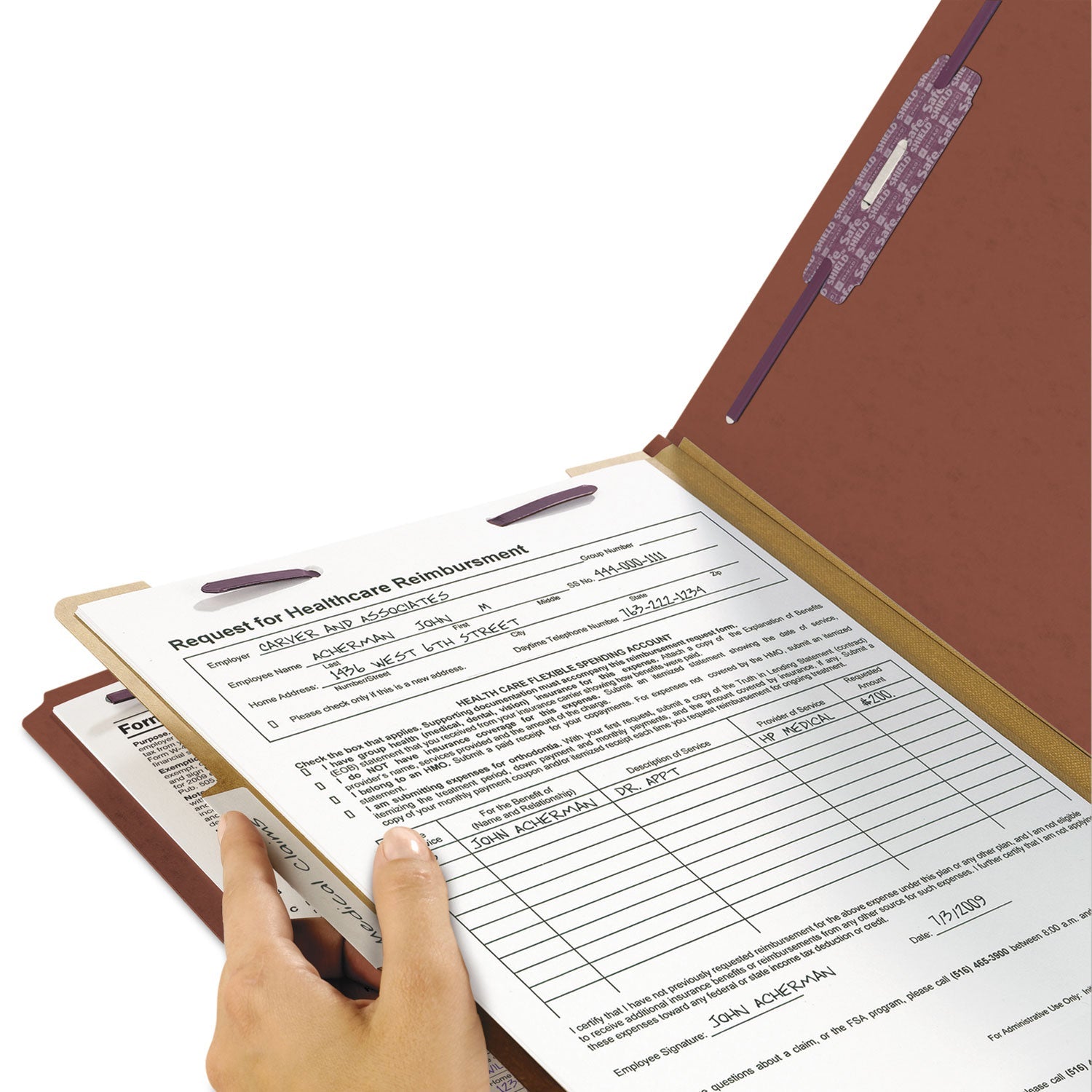 Smead Pressboard Classification Folders with SafeSHIELD Coated Fasteners, 2/5 Cut, 1 Divider, Letter Size, Red, 10/Box