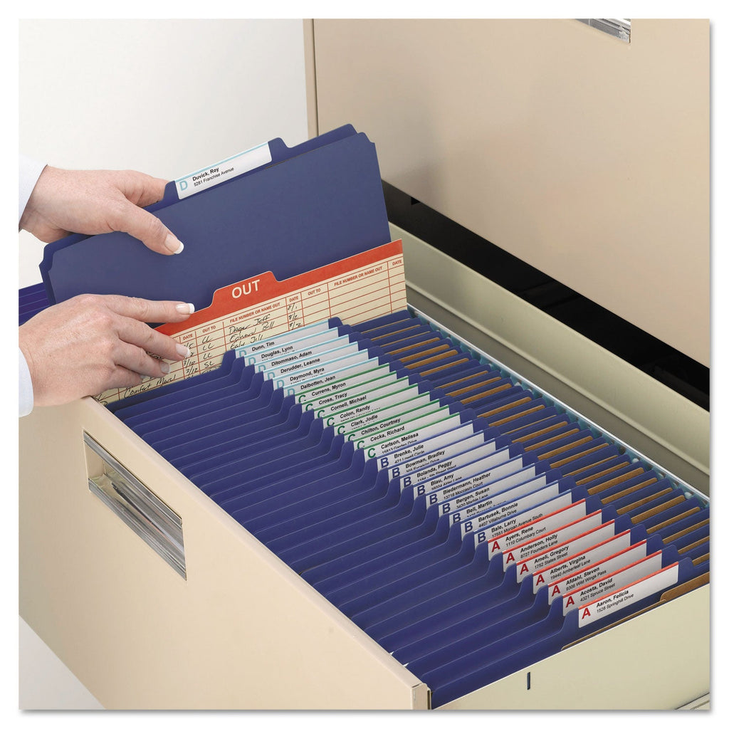 Smead 6-Section Pressboard Top Tab Pocket-Style Classification Folders with SafeSHIELD Fasteners, 2 Dividers, Letter, Blue, 10/Box