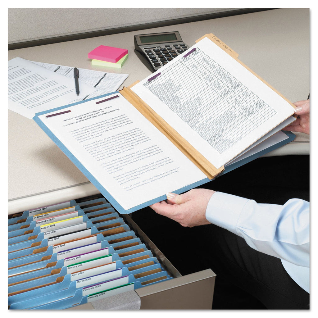 Smead Six-Section Pressboard Top Tab Classification Folders with SafeSHIELD Fasteners, 2 Dividers, Letter Size, Blue, 10/Box