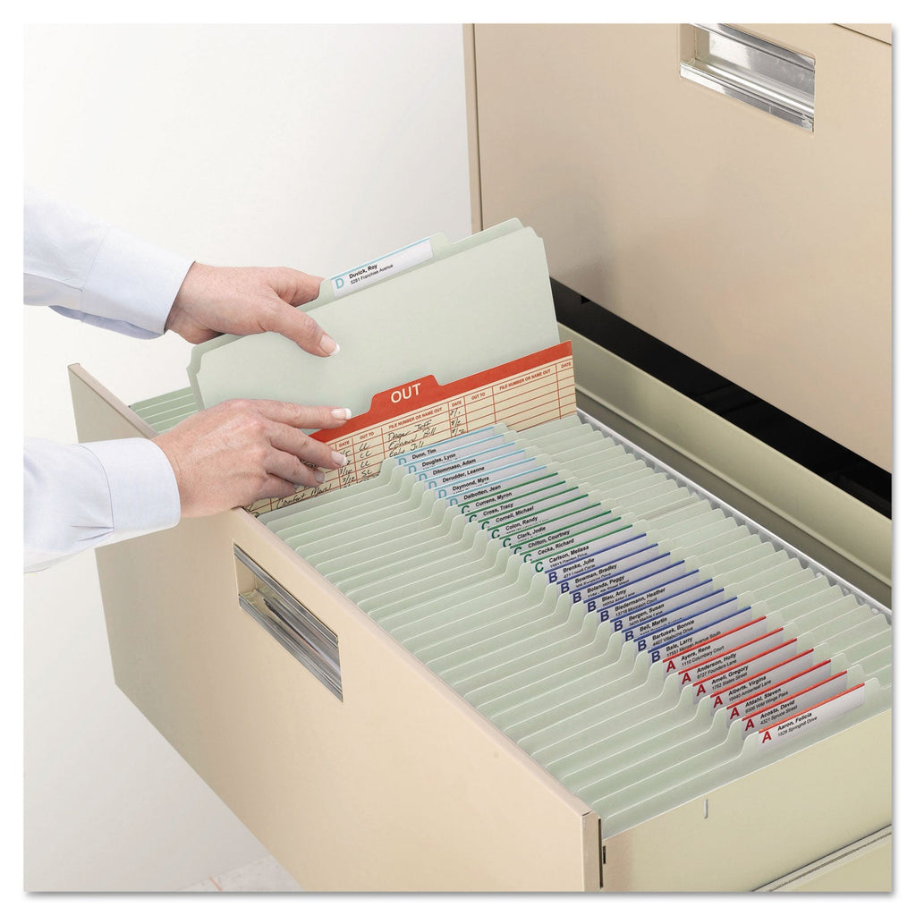 Smead Pressboard Classification Folders with SafeSHIELD Coated Fasteners, 2/5 Cut, 1 Divider, Legal Size, Gray-Green, 10/Box