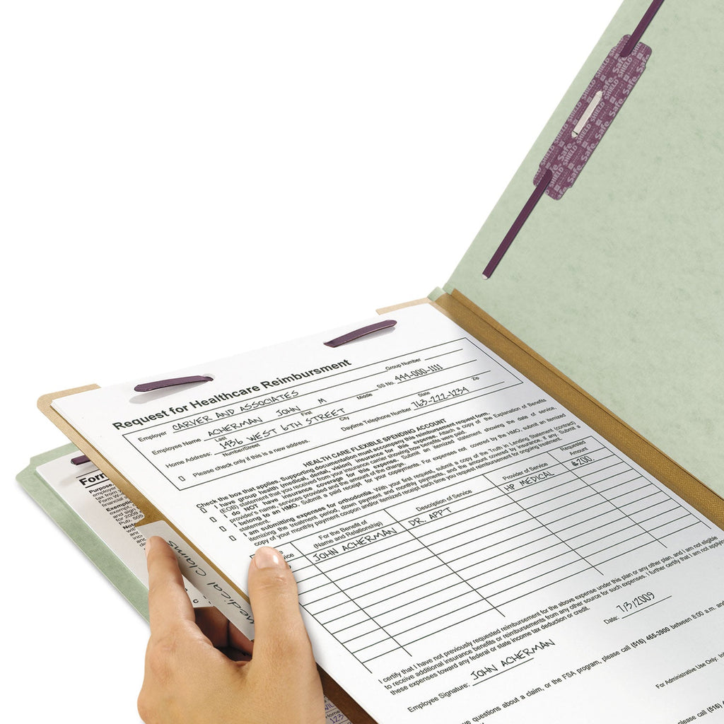Smead Pressboard Classification Folders with SafeSHIELD Coated Fasteners, 2/5 Cut, 1 Divider, Legal Size, Gray-Green, 10/Box