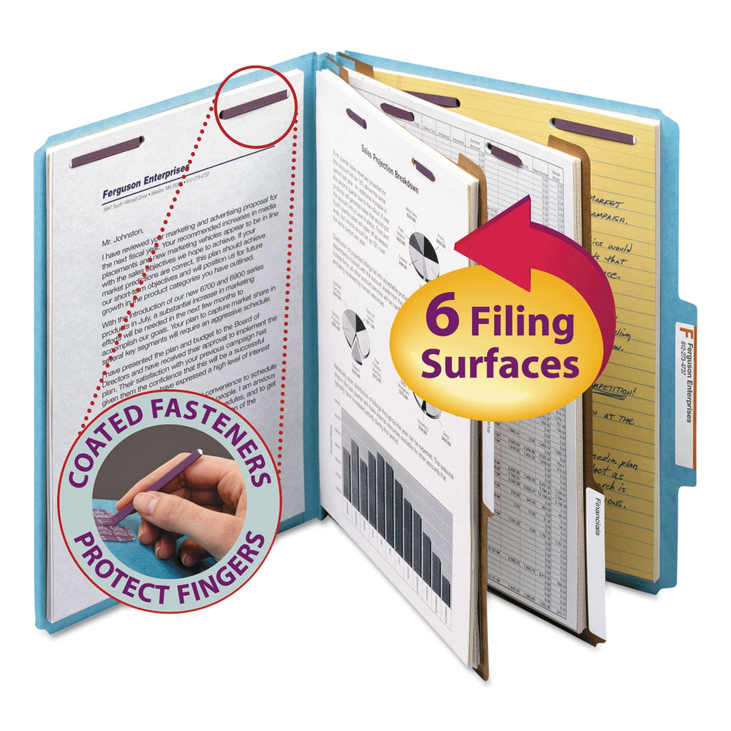 Smead Six-Section Pressboard Top Tab Classification Folders with SafeSHIELD Fasteners, 2 Dividers, Letter Size, Blue, 10/Box