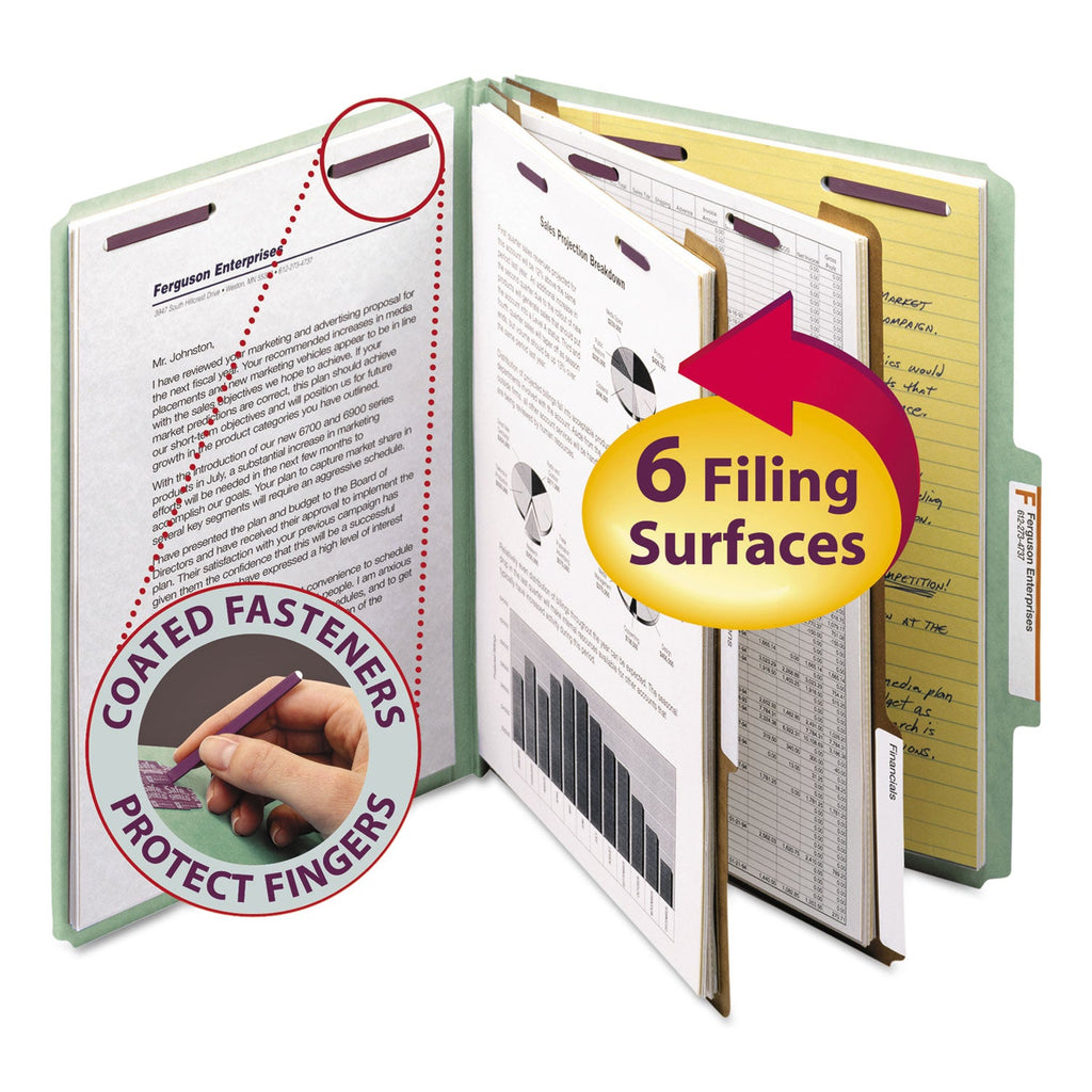 Smead Pressboard Classification Folders with SafeSHIELD Coated Fasteners, 2/5 Cut, 2 Dividers, Letter Size, Gray-Green, 10/Box