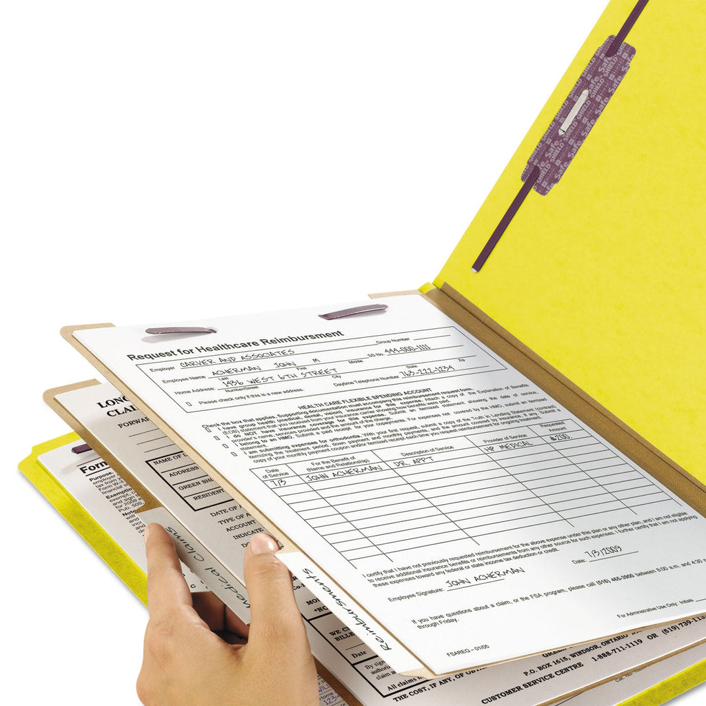 Smead Six-Section Pressboard Top Tab Classification Folders with SafeSHIELD Fasteners, 2 Dividers, Letter Size, Yellow, 10/Box