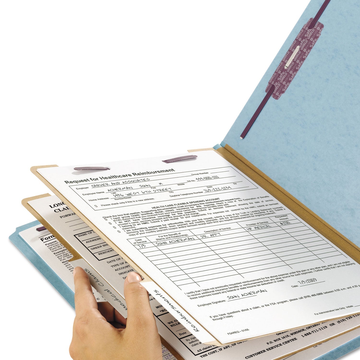 Smead Six-Section Pressboard Top Tab Classification Folders with SafeSHIELD Fasteners, 2 Dividers, Legal Size, Blue, 10/Box