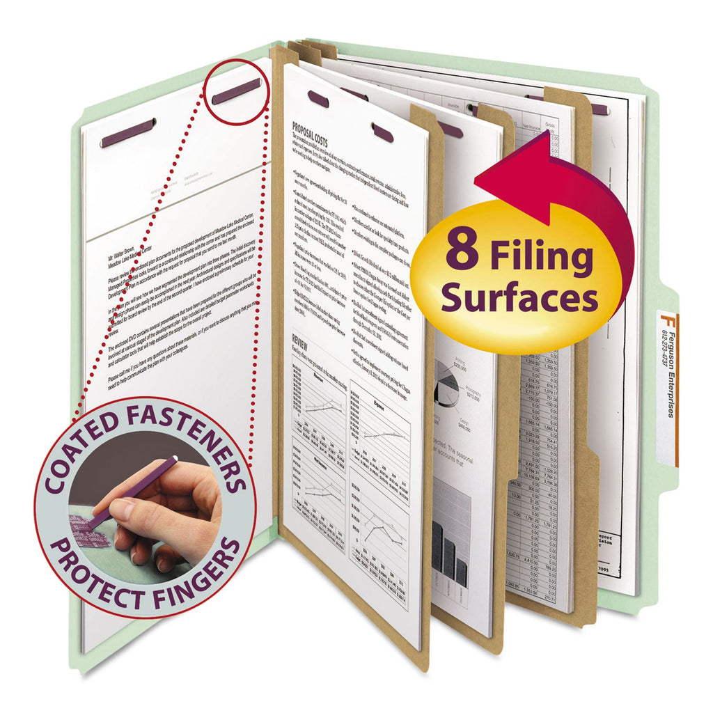 Smead Pressboard Classification Folders with SafeSHIELD Coated Fasteners, 2/5 Cut, 3 Dividers, Letter Size, Gray-Green, 10/Box