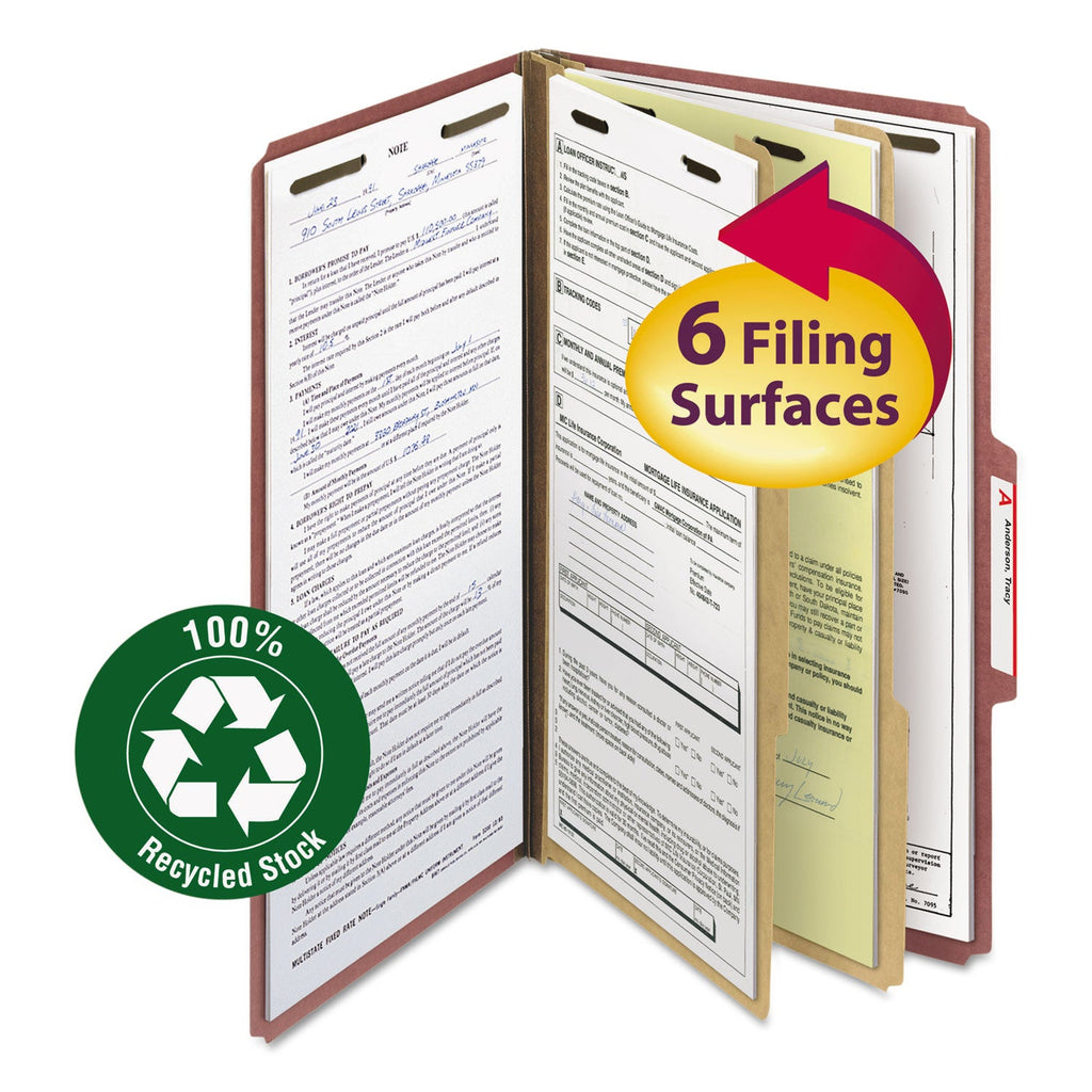 Smead 100% Recycled Pressboard Classification Folders, 2 Dividers, Legal Size, Red, 10/Box