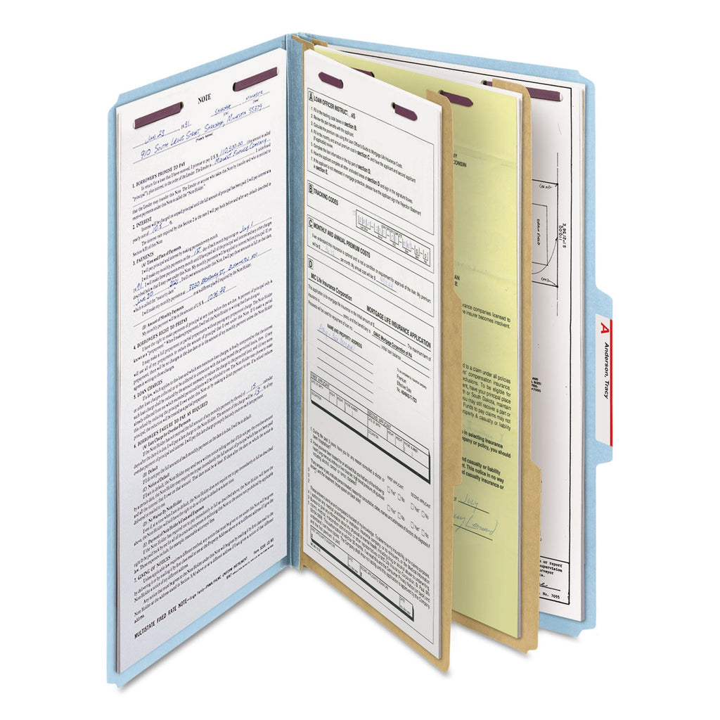 Smead Six-Section Pressboard Top Tab Classification Folders with SafeSHIELD Fasteners, 2 Dividers, Legal Size, Blue, 10/Box