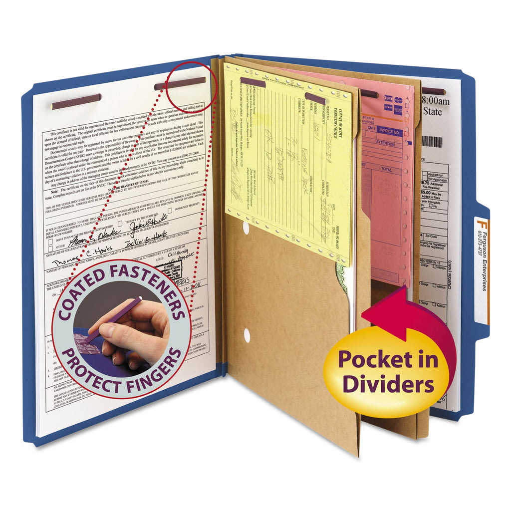 Smead 6-Section Pressboard Top Tab Pocket-Style Classification Folders with SafeSHIELD Fasteners, 2 Dividers, Letter, Blue, 10/Box