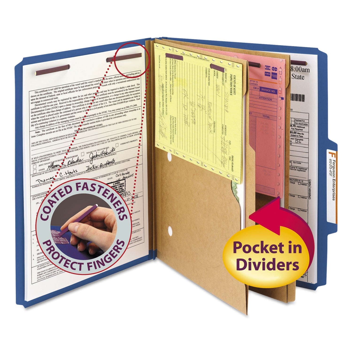 Smead 6-Section Pressboard Top Tab Pocket-Style Classification Folders with SafeSHIELD Fasteners, 2 Dividers, Letter, Blue, 10/Box
