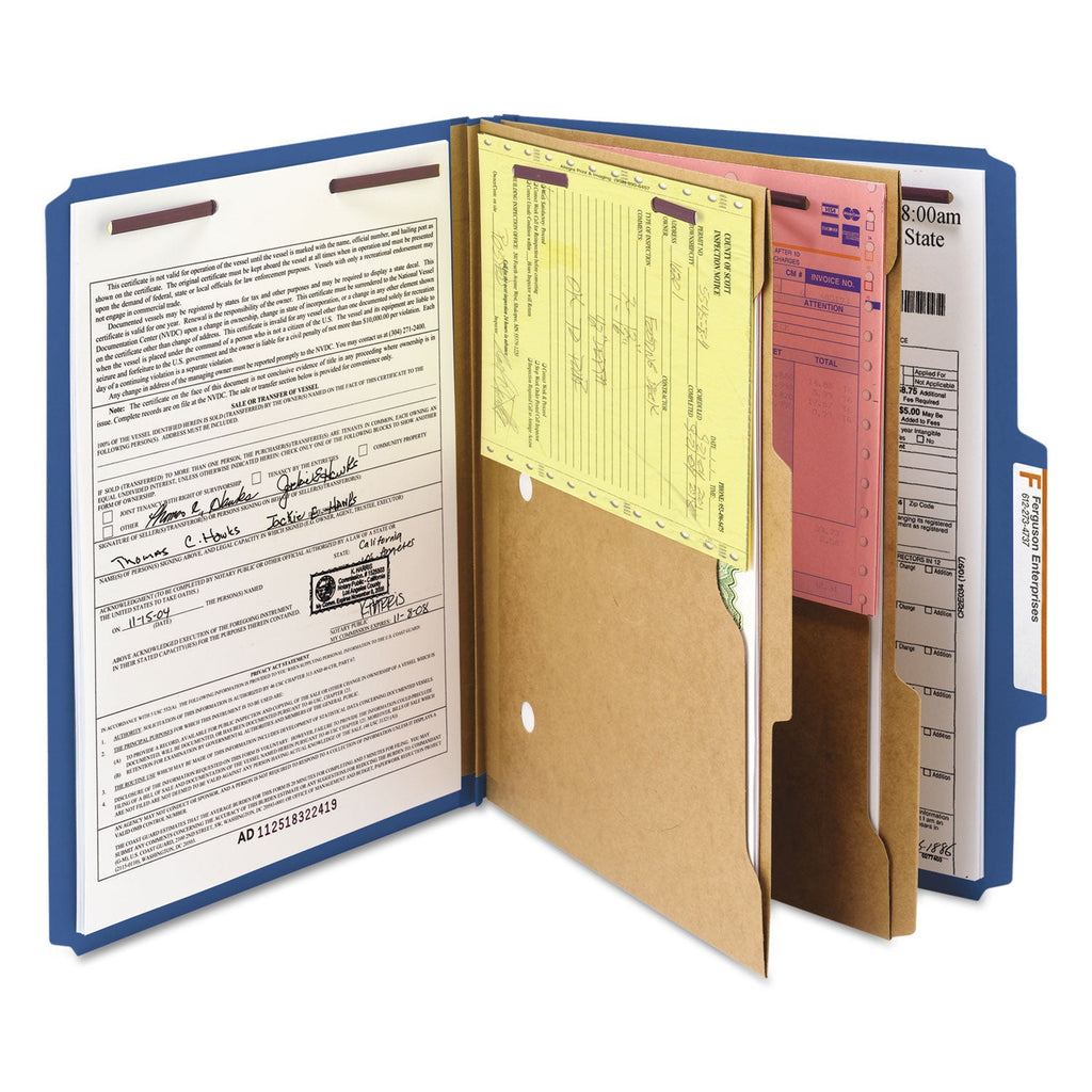 Smead 6-Section Pressboard Top Tab Pocket-Style Classification Folders with SafeSHIELD Fasteners, 2 Dividers, Letter, Blue, 10/Box