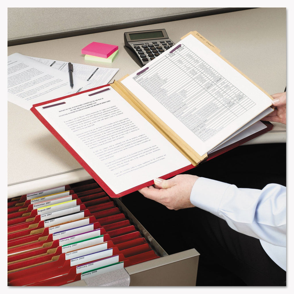 Smead Six-Section Pressboard Top Tab Classification Folders with SafeSHIELD Fasteners, 2 Dividers, Legal Size, Bright Red, 10/Box