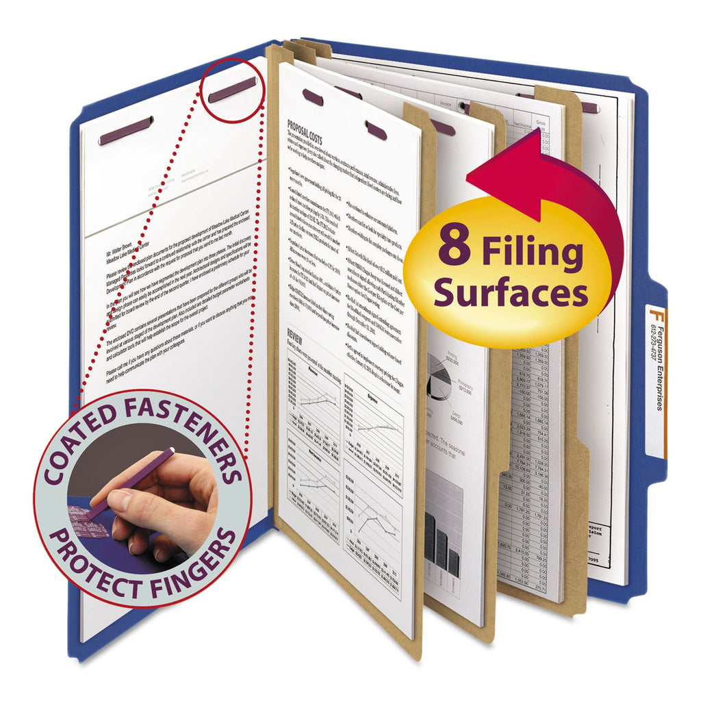 Smead Eight-Section Pressboard Top Tab Classification Folders with SafeSHIELD Fasteners, 3 Dividers, Letter Size, Dark Blue, 10/Box