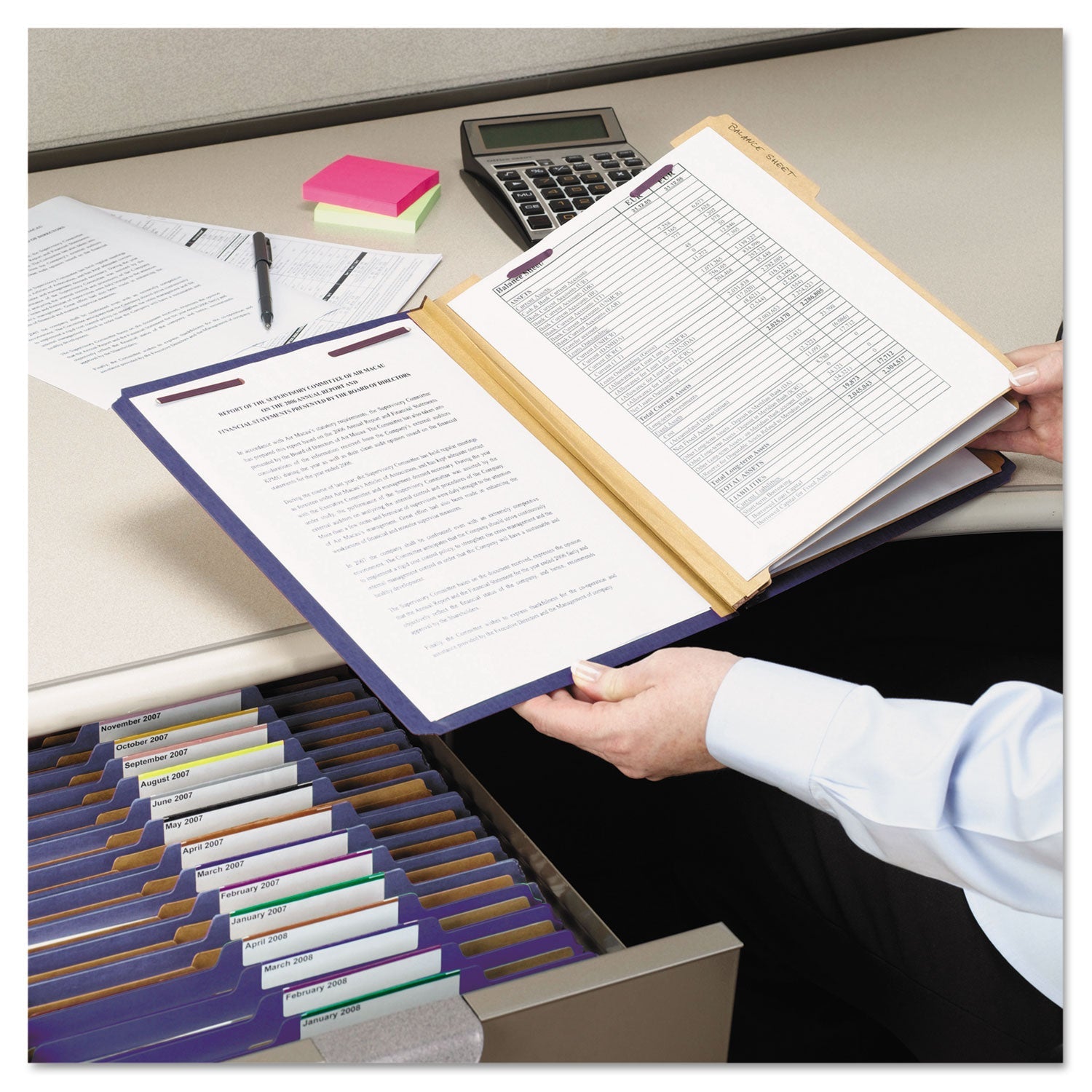 Smead Eight-Section Pressboard Top Tab Classification Folders with SafeSHIELD Fasteners, 3 Dividers, Letter Size, Dark Blue, 10/Box