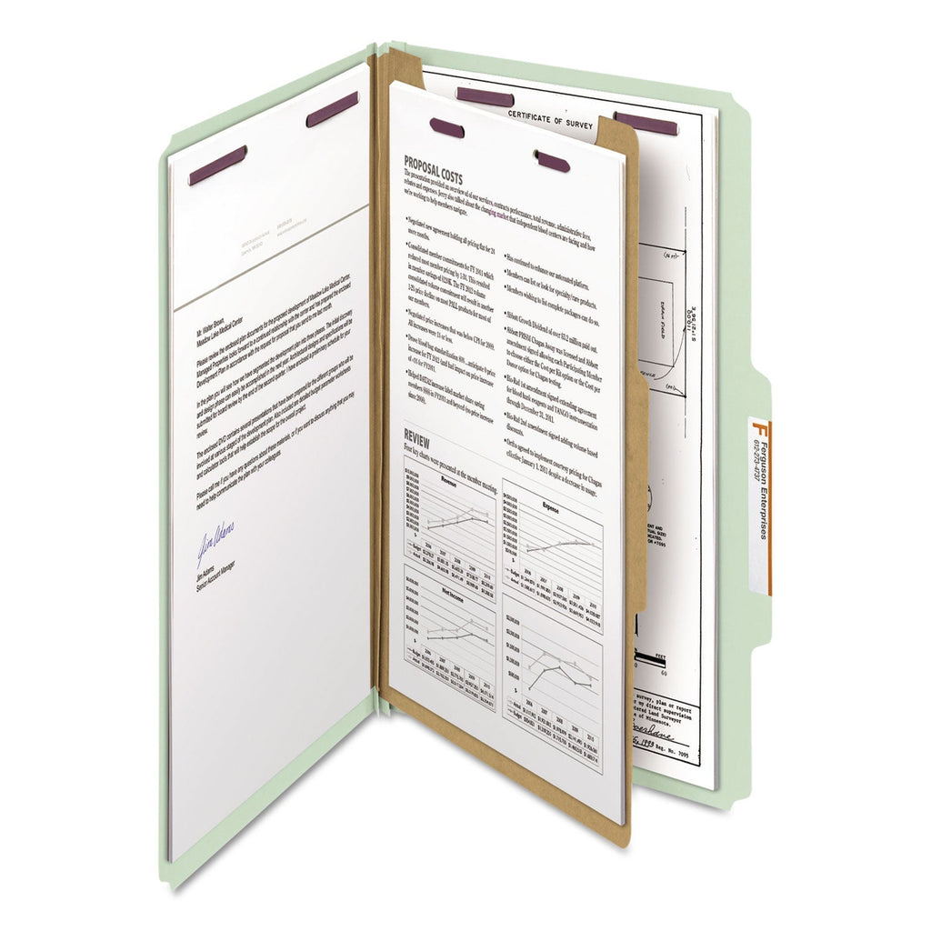 Smead Pressboard Classification Folders with SafeSHIELD Coated Fasteners, 2/5 Cut, 1 Divider, Legal Size, Gray-Green, 10/Box
